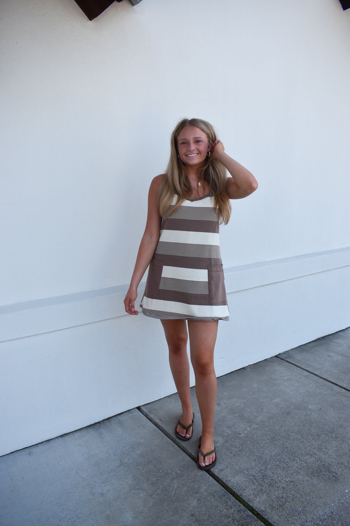 Stripe Mini Dress W/ Built In Romper Lining: Mocha