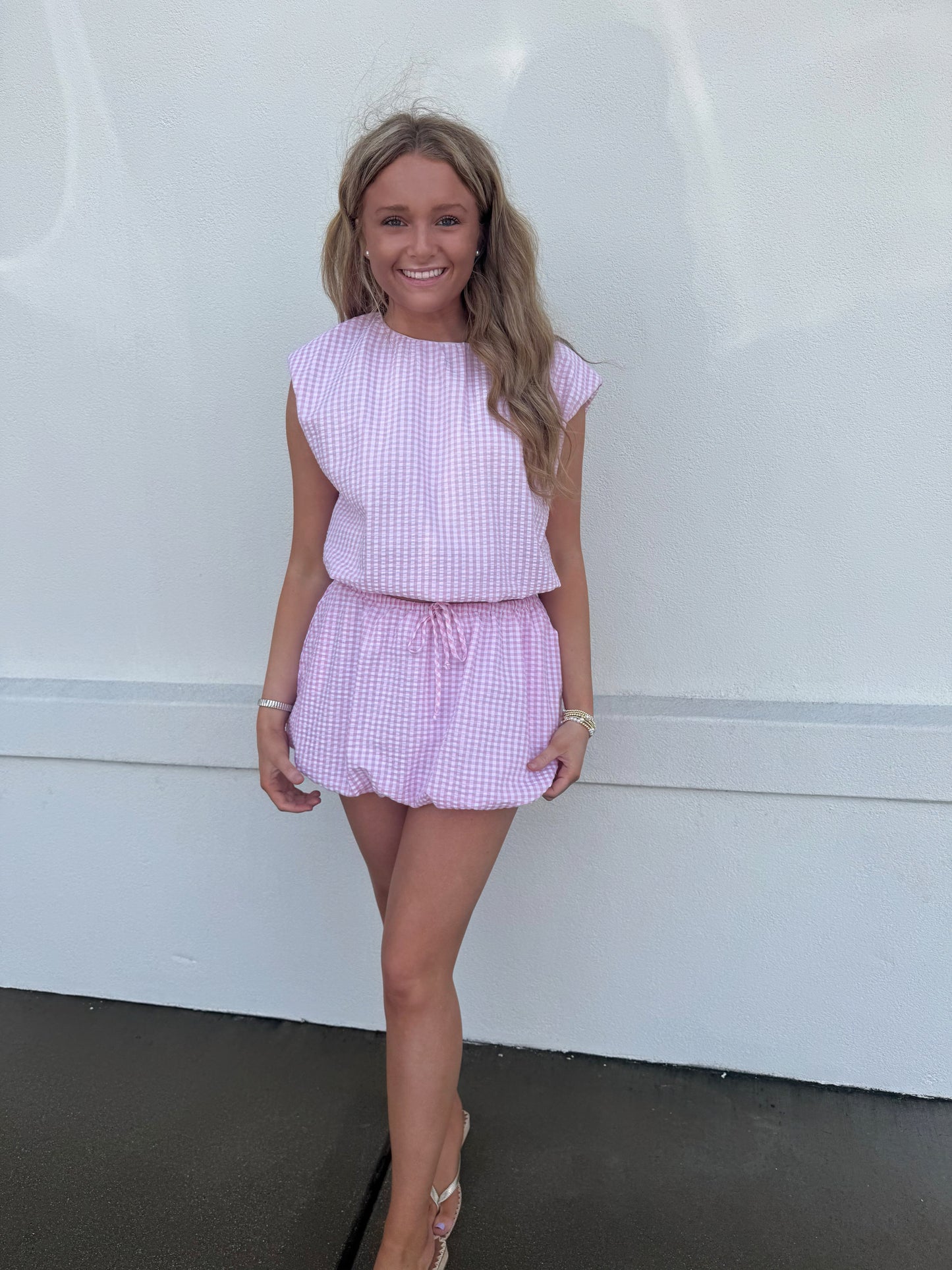 Pink Gingham Balloon Crop Top