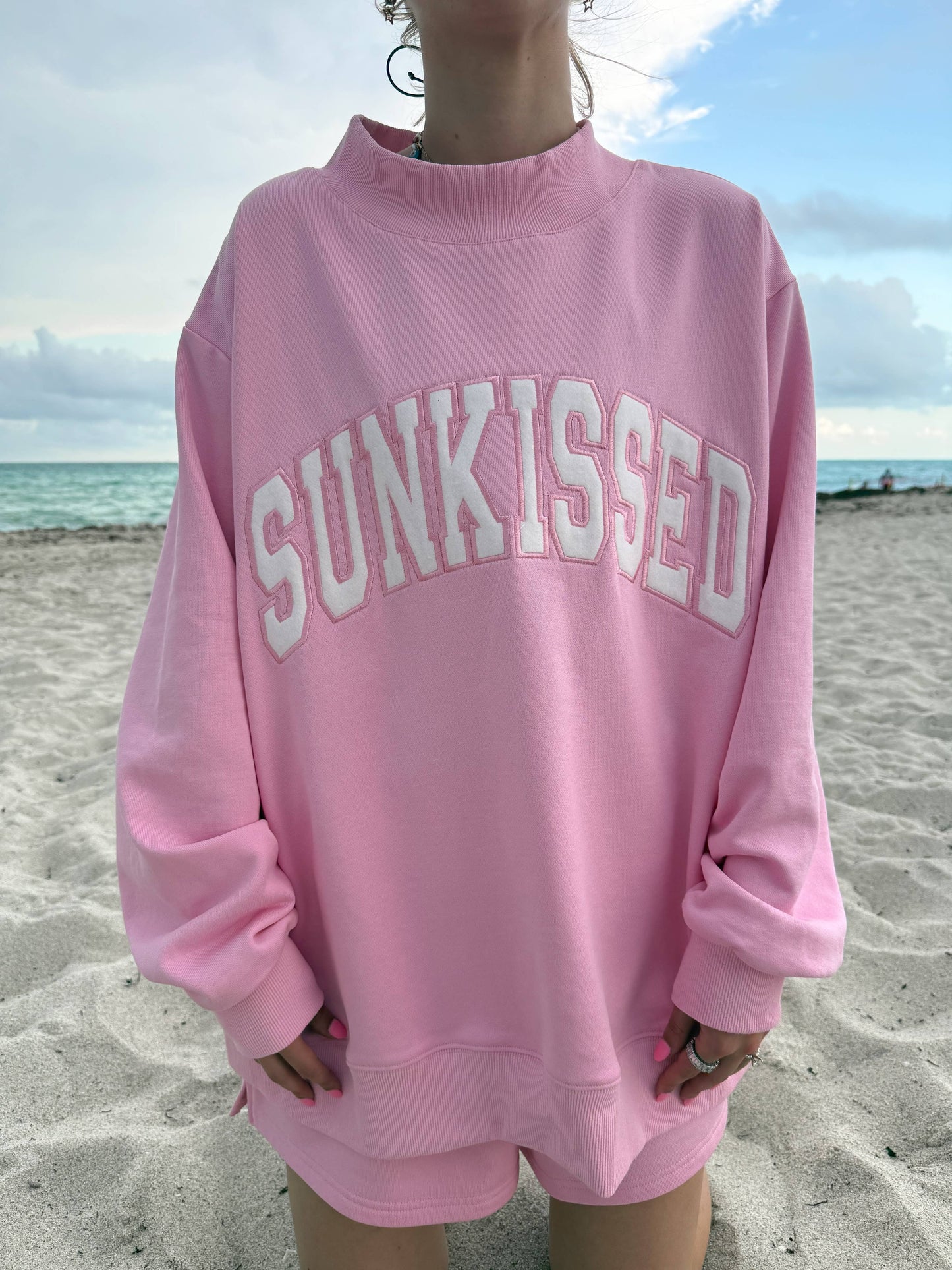 Lottie Pink Varsity Sunkissed Embroidered Mockneck: Lottie Pink