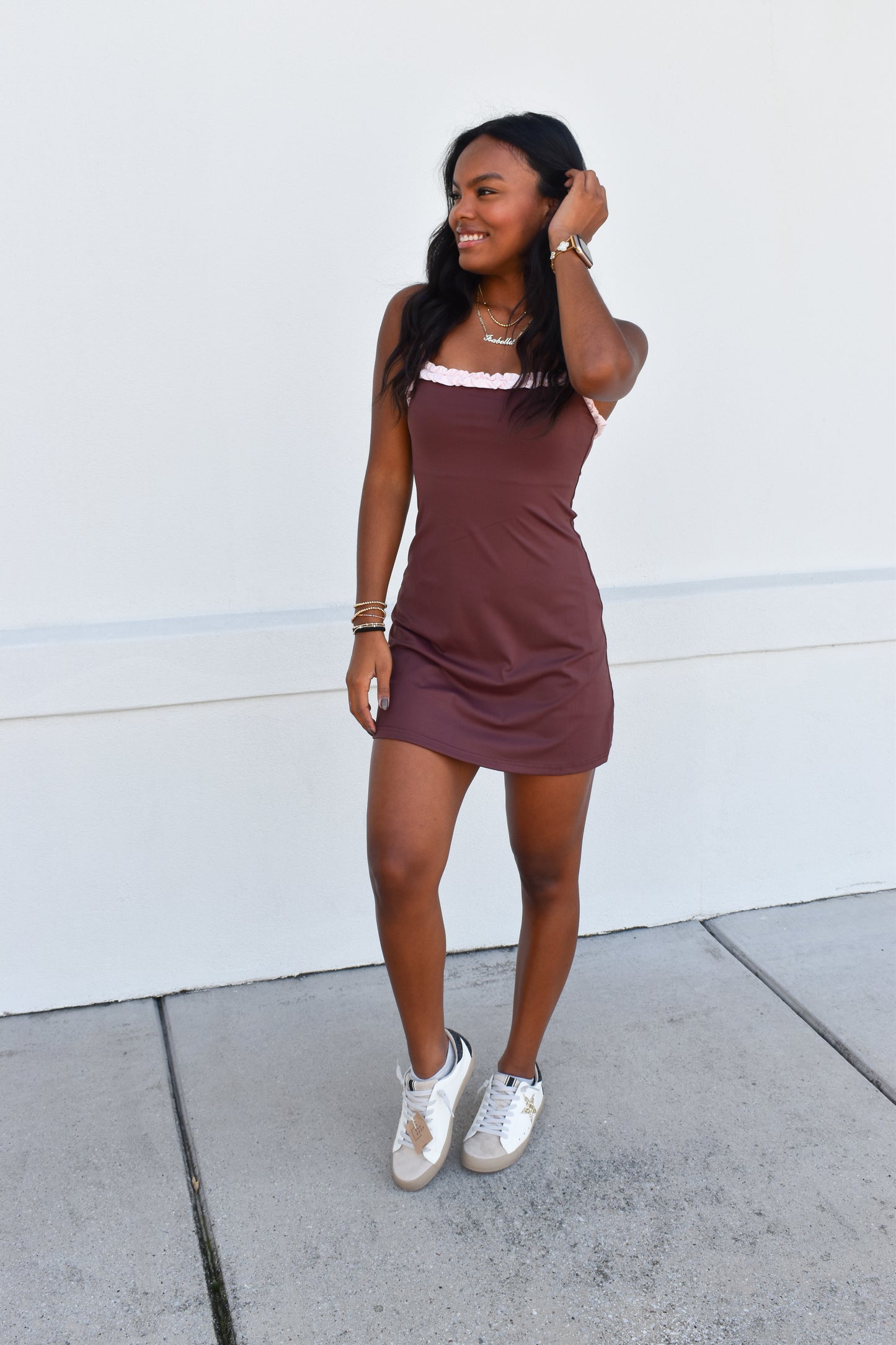 Chocolate W/ Pink Ruffle Detail Athletic Dress