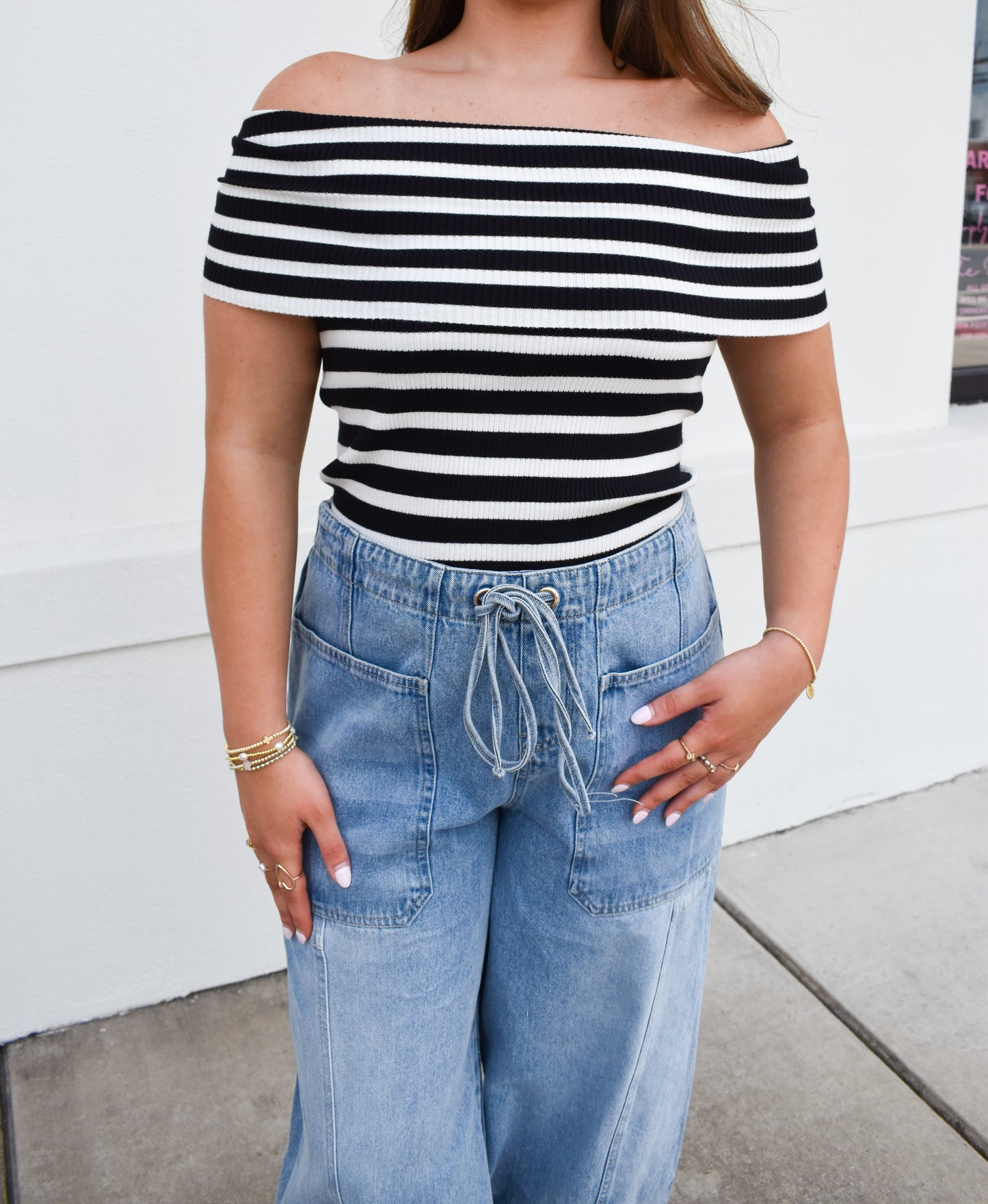 Striped Off The Shoulder Knit Top