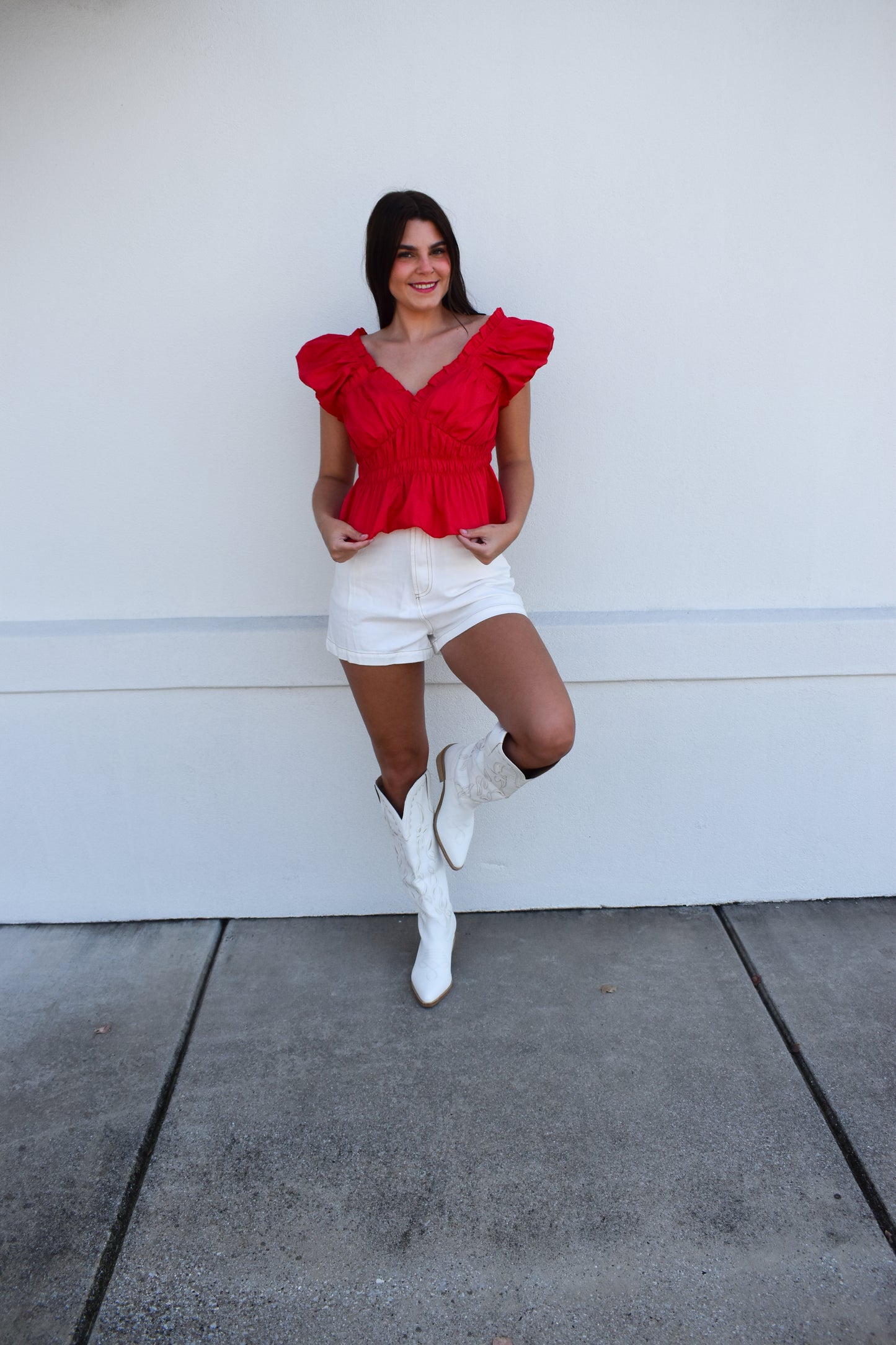 Poplin V Neck Ruffle Blouse