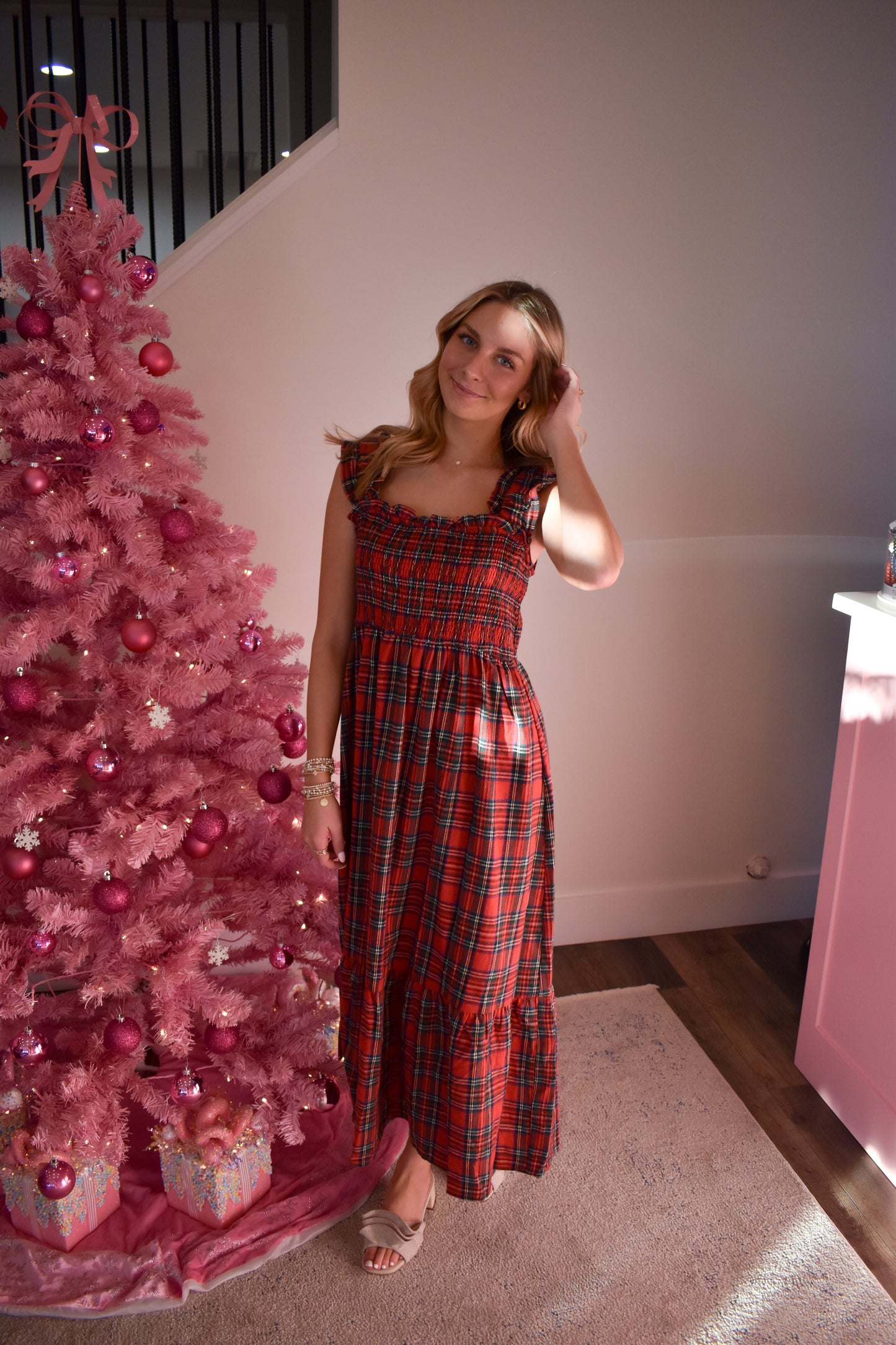 Plaid Smocked Dress W/ Ruffle Hem