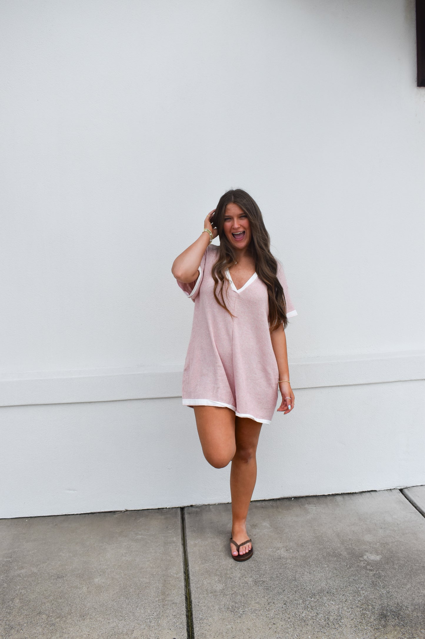 Grace Waffle Romper: Pink