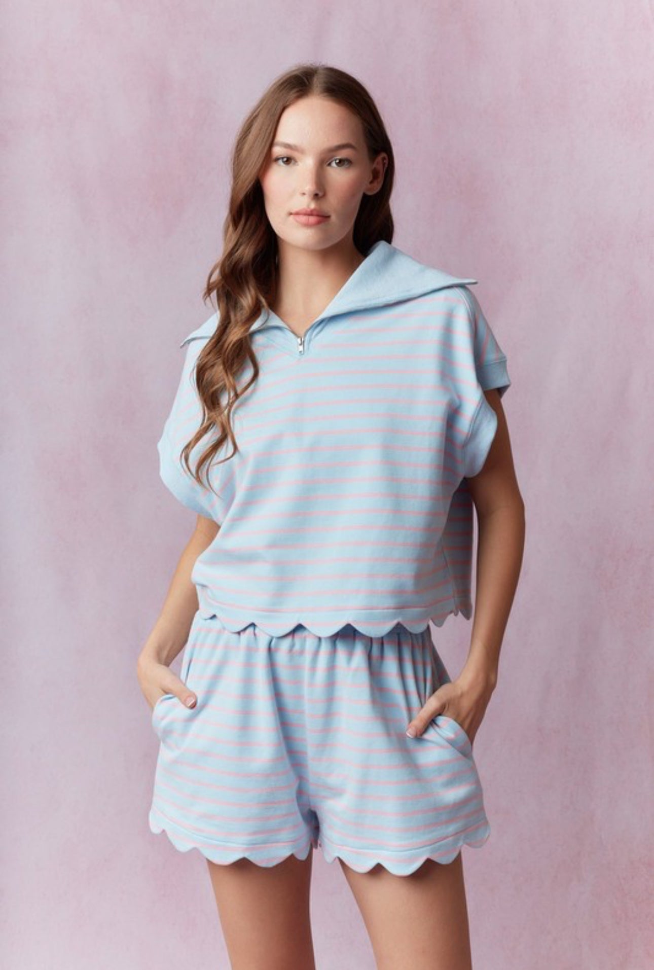 Stripe French Terry Scallop Shorts