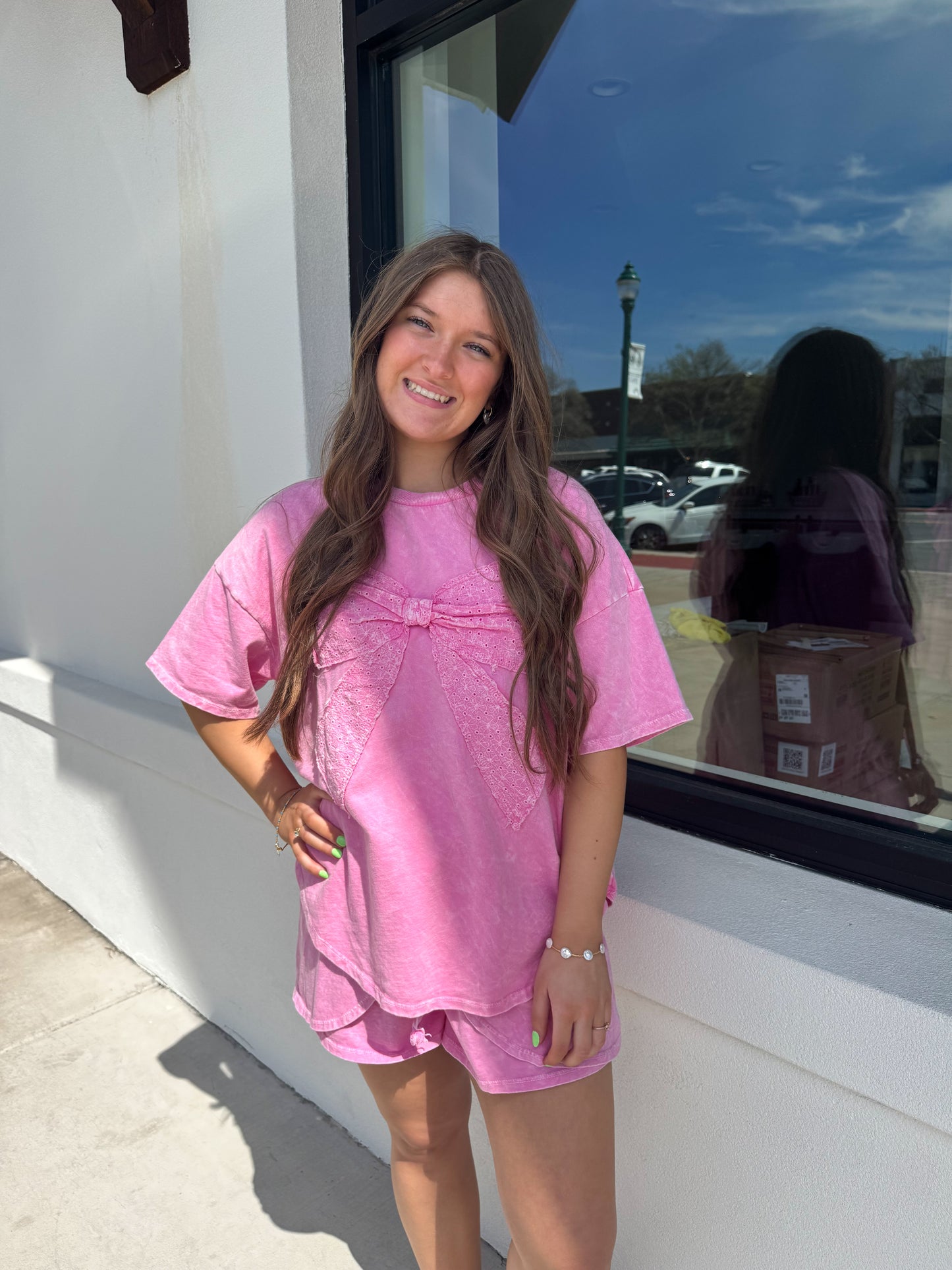 Mineral Wash Ribbon Bow Half Sleeve Shirt