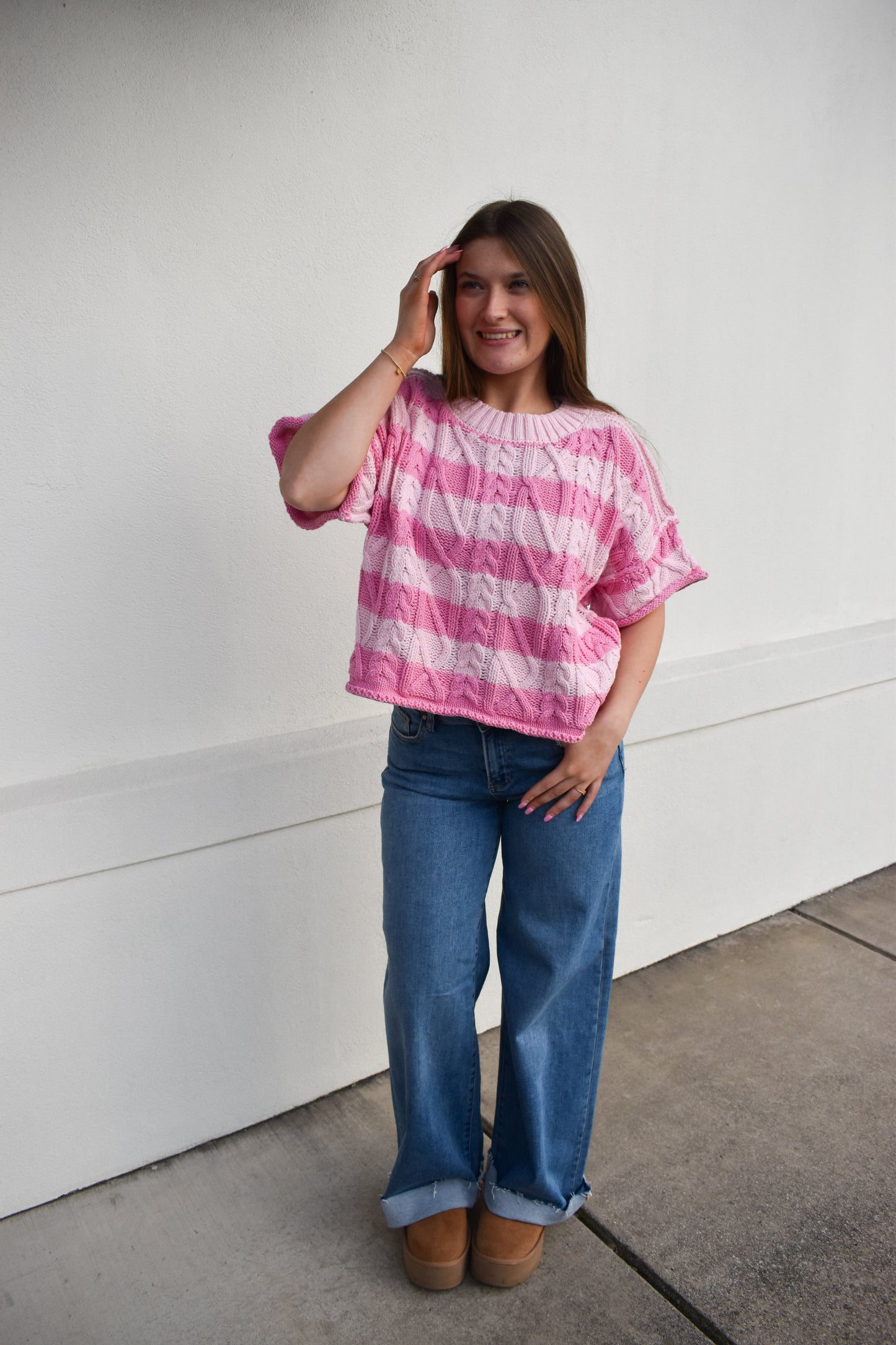 Pink Stripe Round Neck Knit Sweater Top