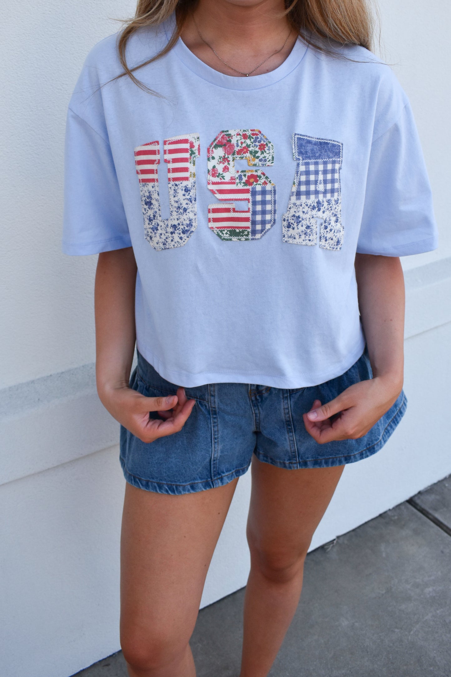 USA Patchwork Crop Top: Blue