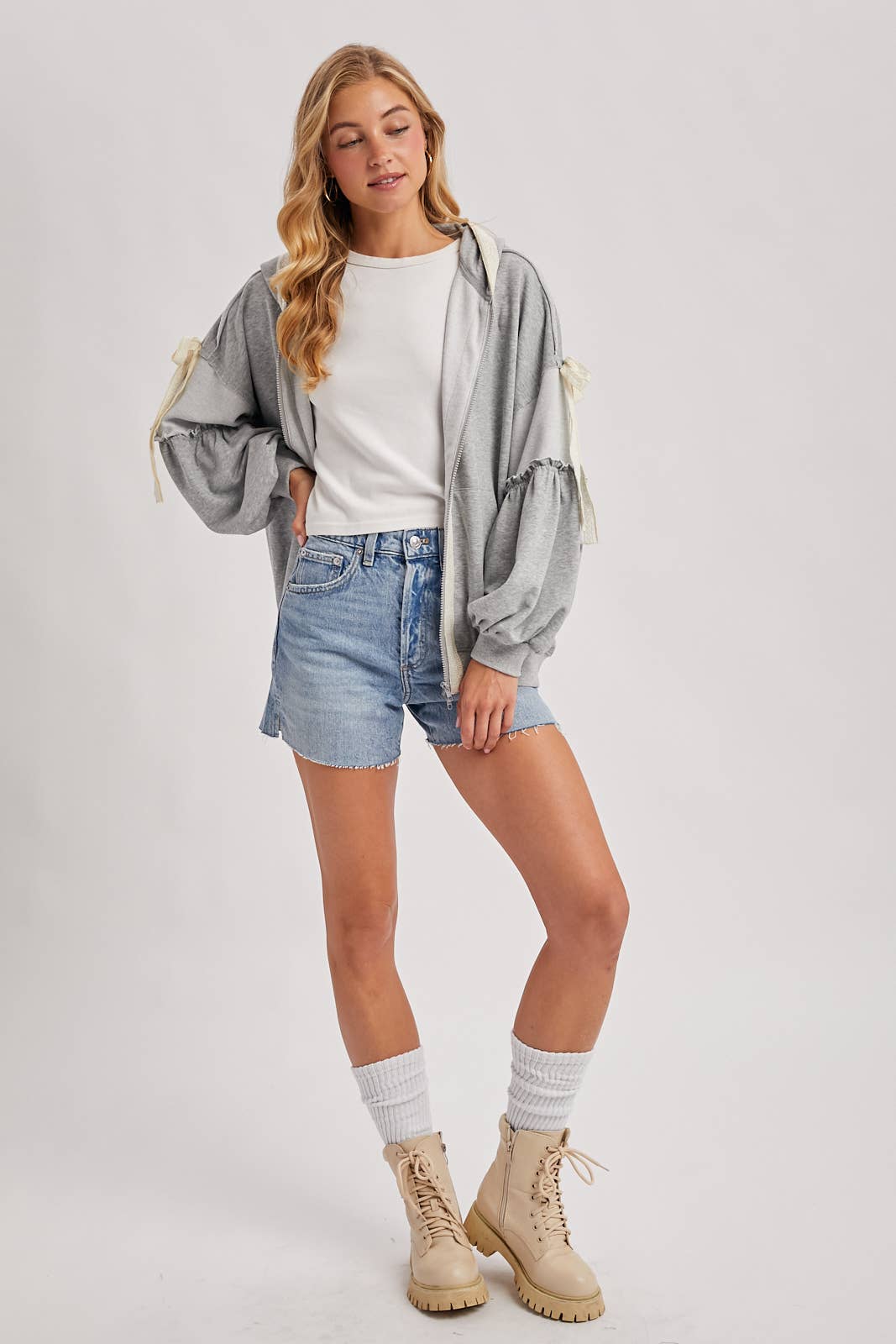 Bow Lace Hoodie W/ Double Zipper
