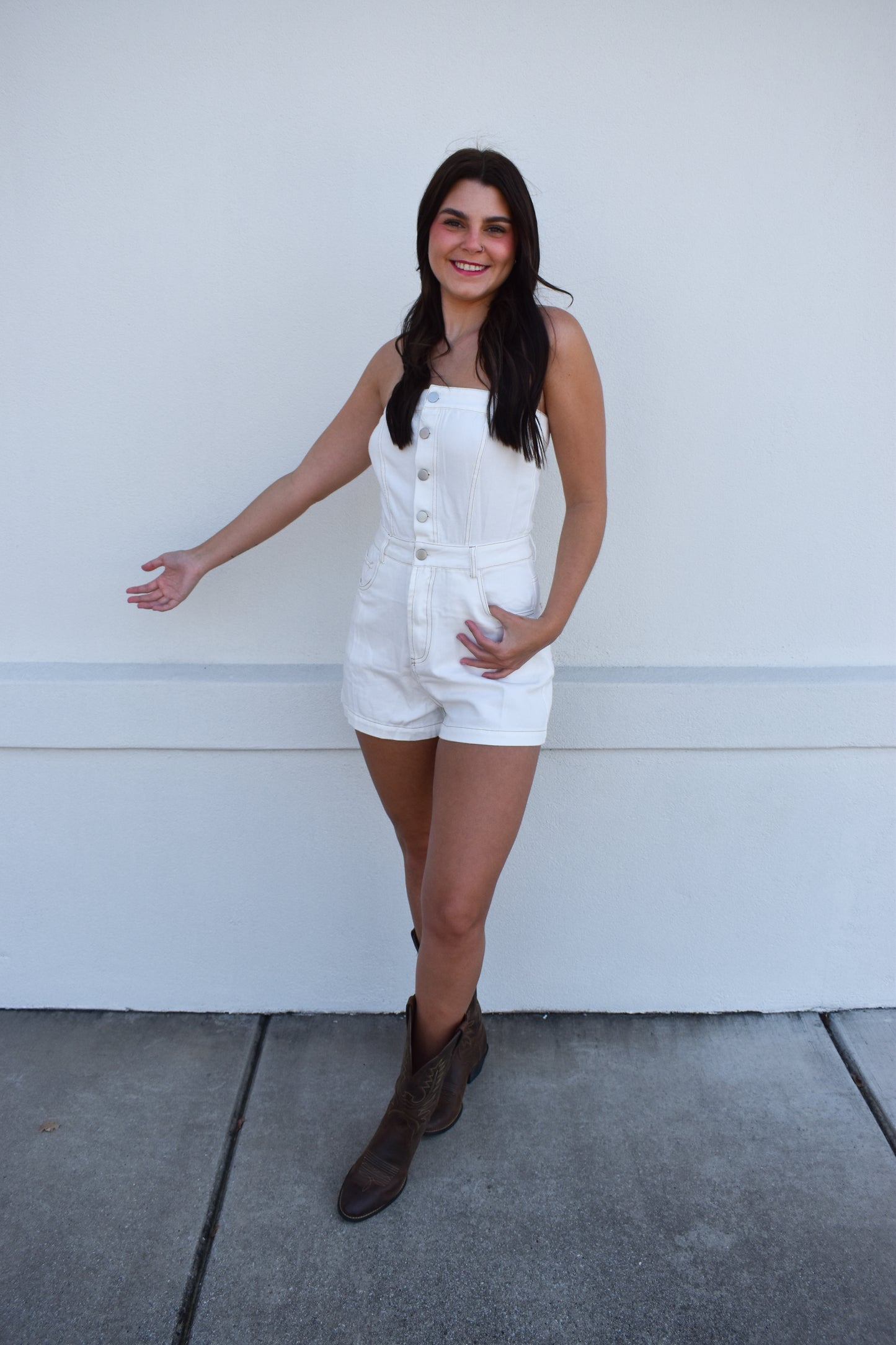 Megan White Strapless Denim Romper