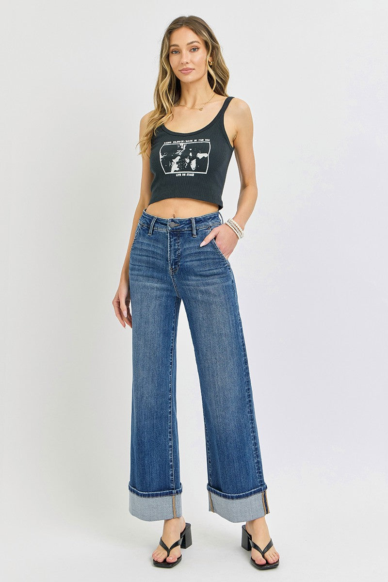 Tummy Control High Rise Ankle Wide Cuffed Jeans: Dark