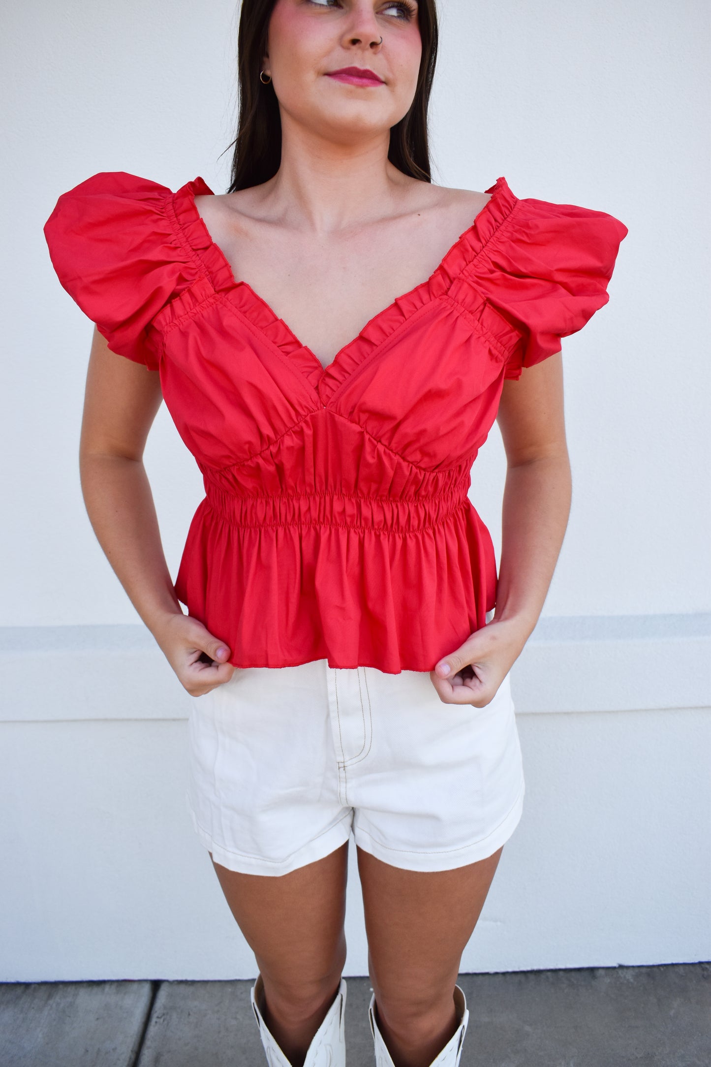 Poplin V Neck Ruffle Blouse