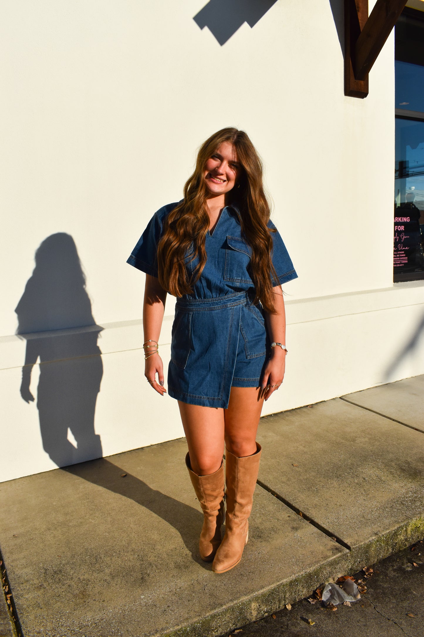 Denim Romper W/ Pockets & Wrap Detail