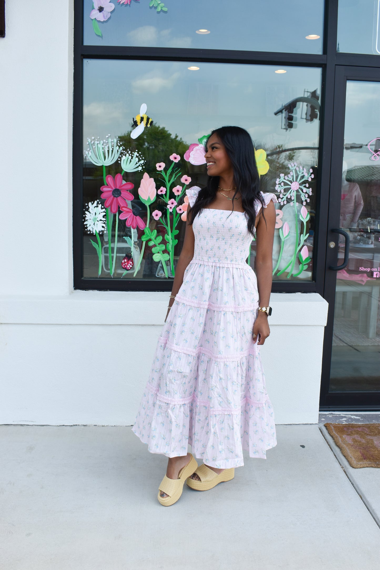 Ditsy Flower Smocked Dress: Pink/Blue