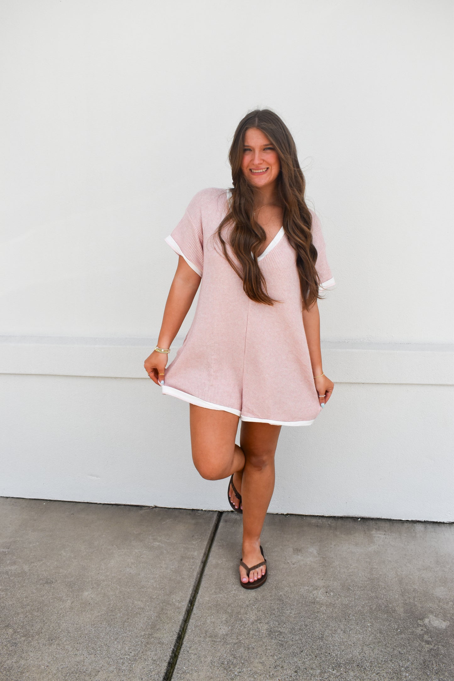 Grace Waffle Romper: Pink