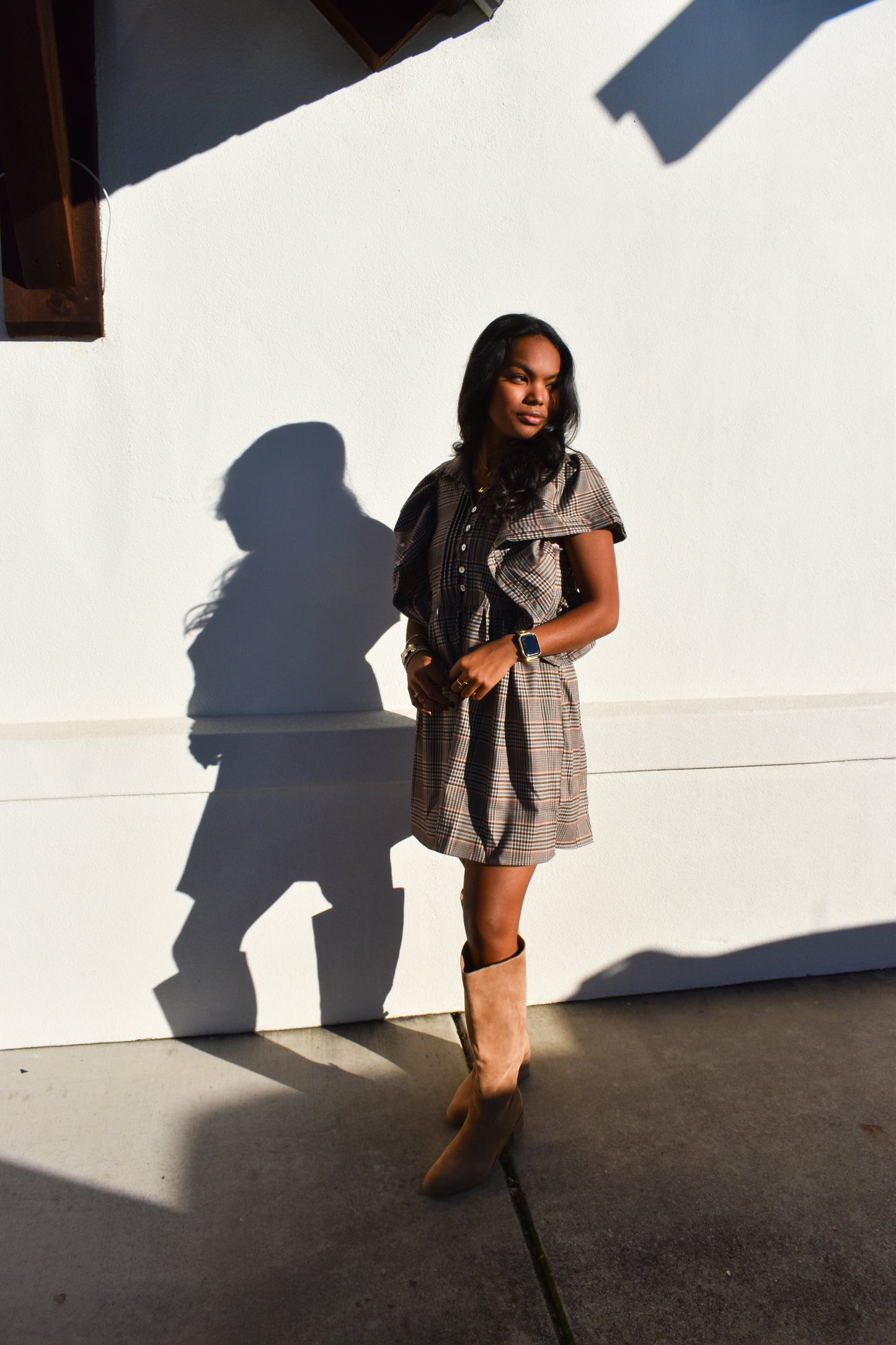 Ruffle Sleeves Pintuck Plaid Mini Dress