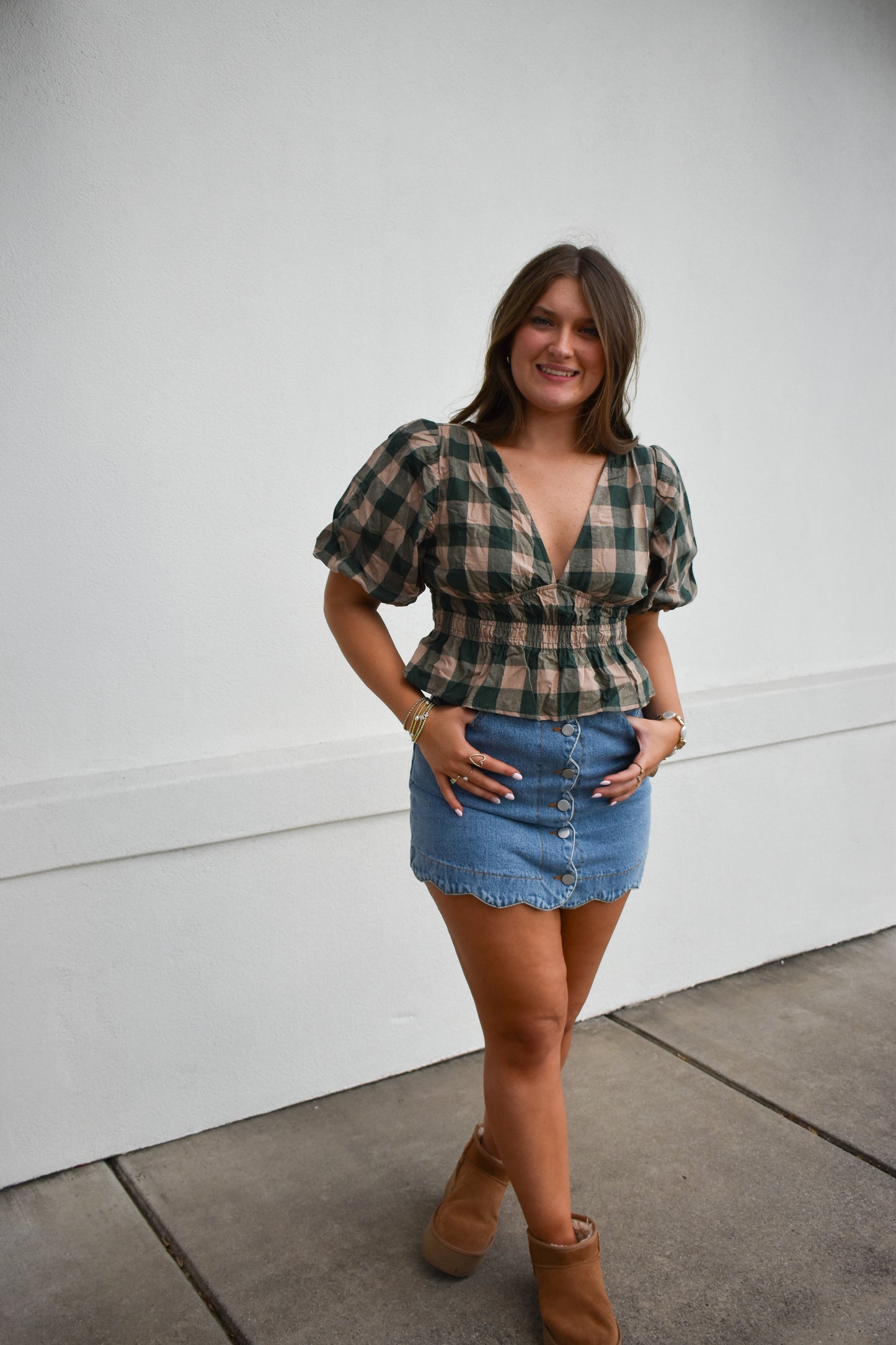 Gingham Bubble V Neck Top