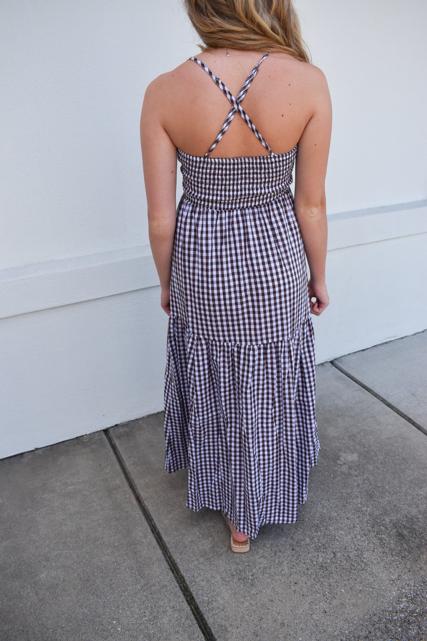 Checkered Print Cross Back Maxi Dress