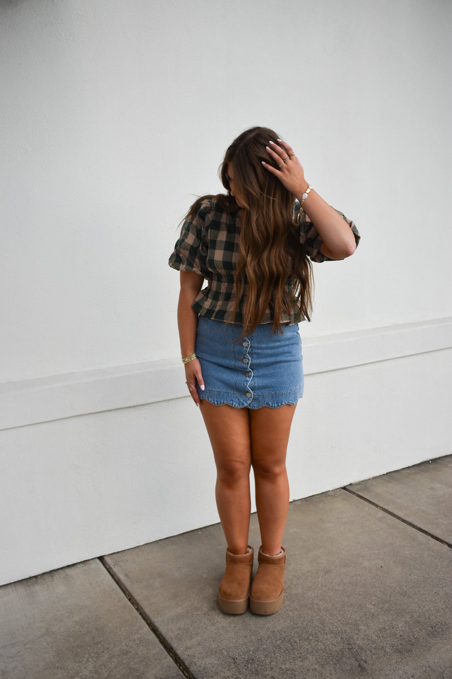 Gingham Bubble V Neck Top