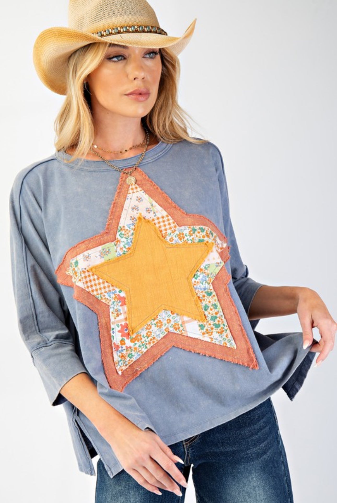 Star Patched Top-Dusty Navy