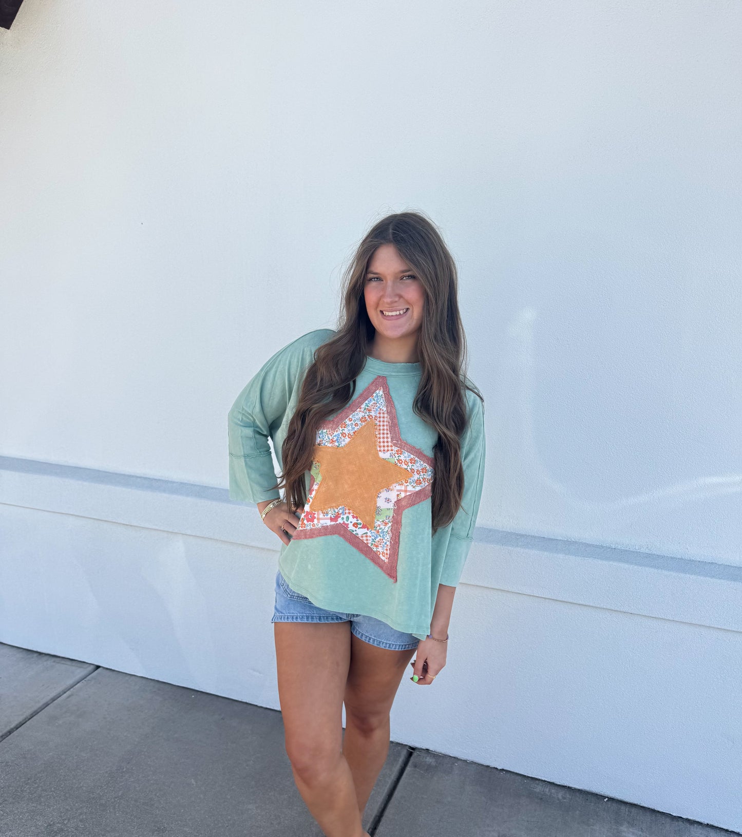 Star Patched Top-Dusty Sage