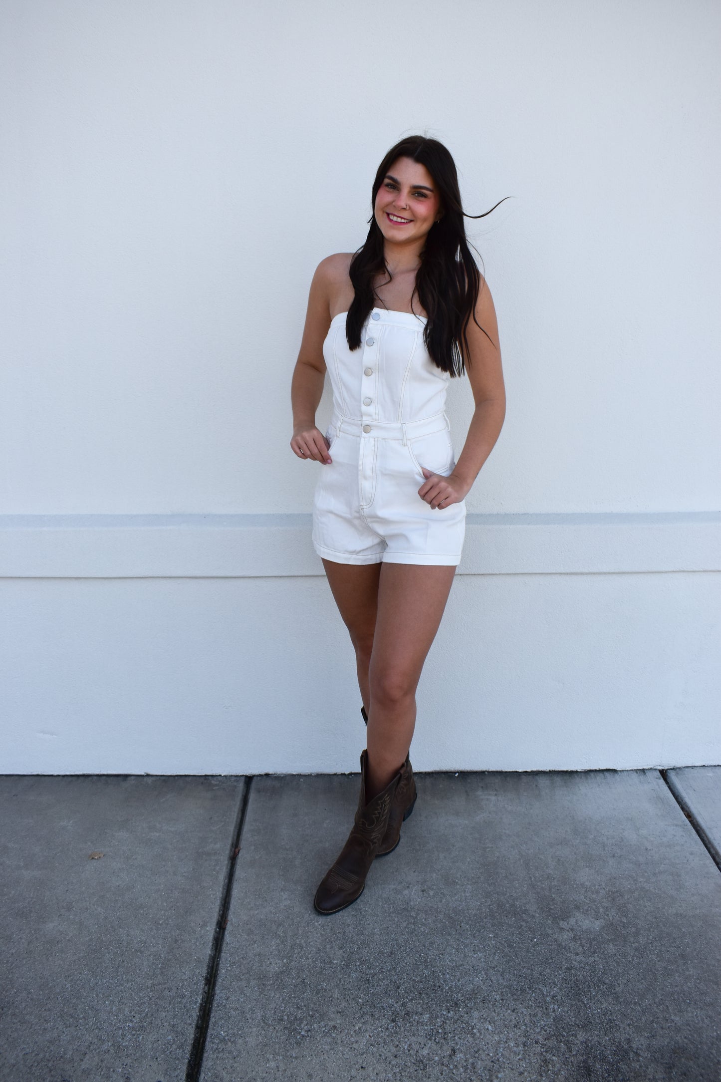 Megan White Strapless Denim Romper