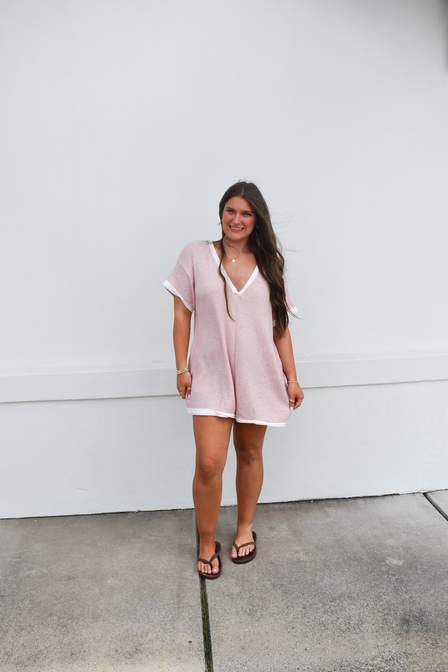 Grace Waffle Romper: Pink