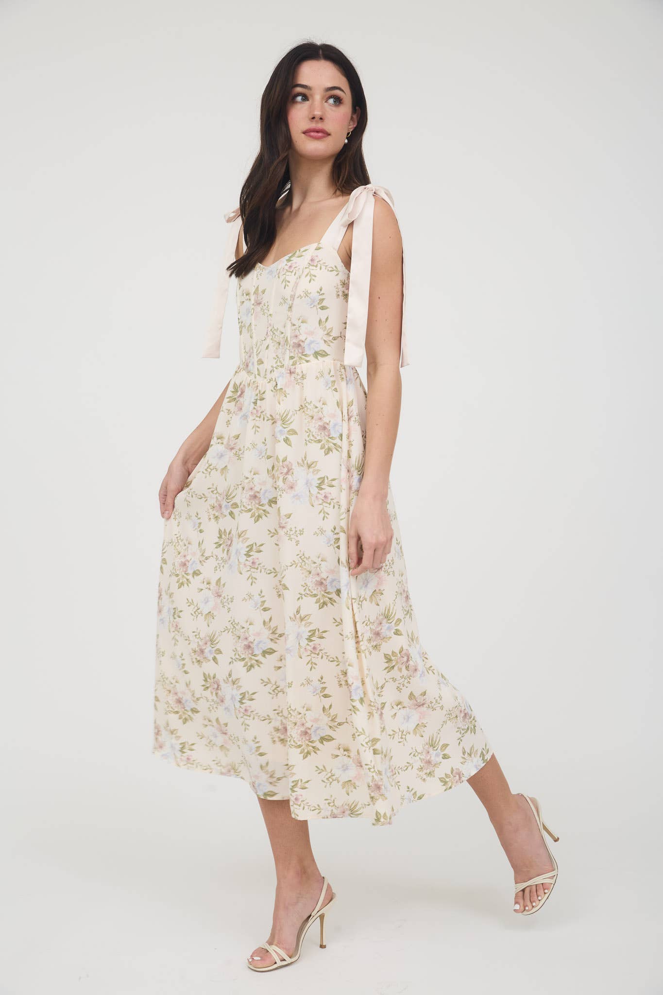 Floral Corset Tie Strap Midi Dress
