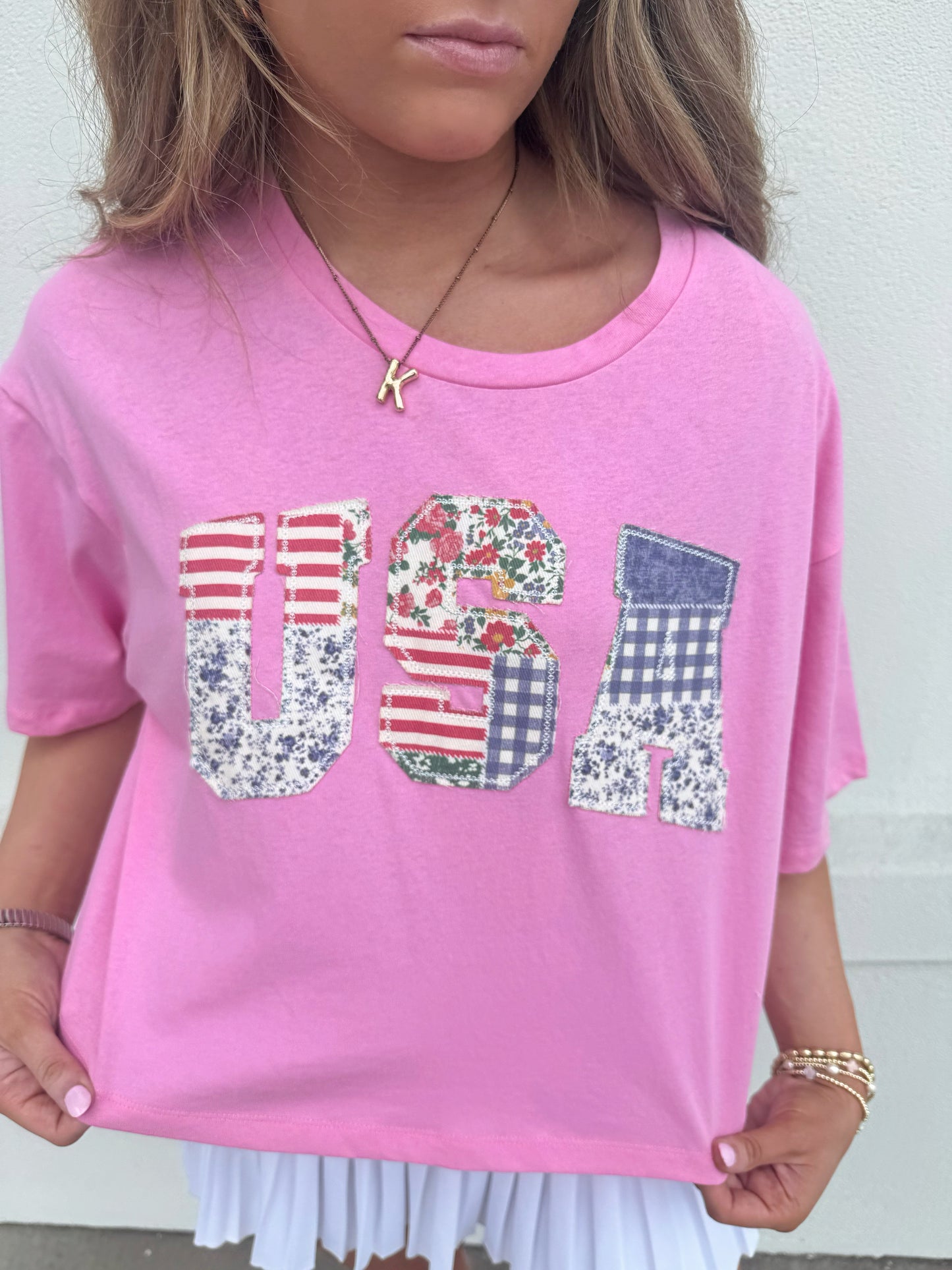 *Restock* USA Patchwork Crop Top: Pink