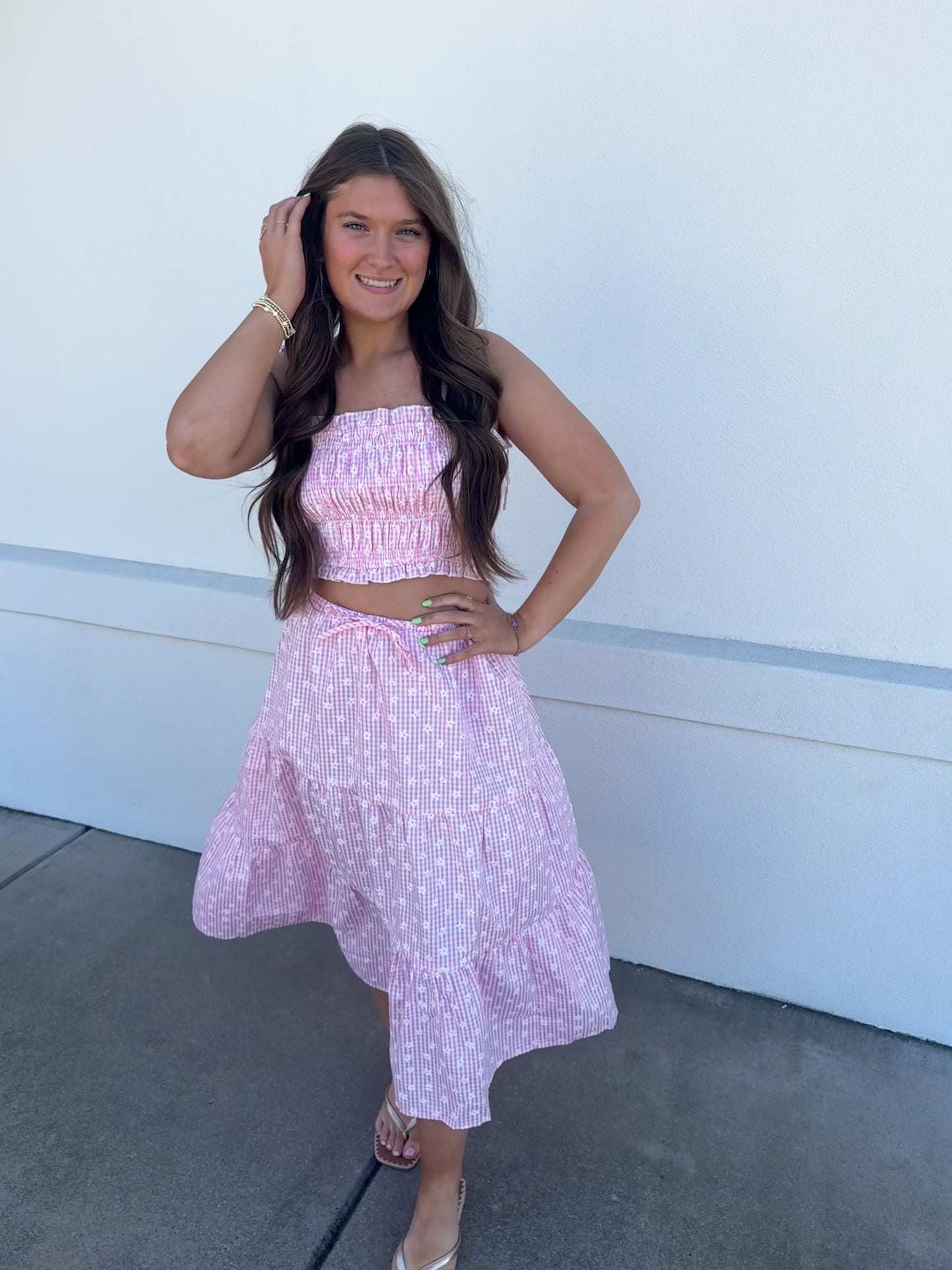 Flower Embroidered Gingham Set