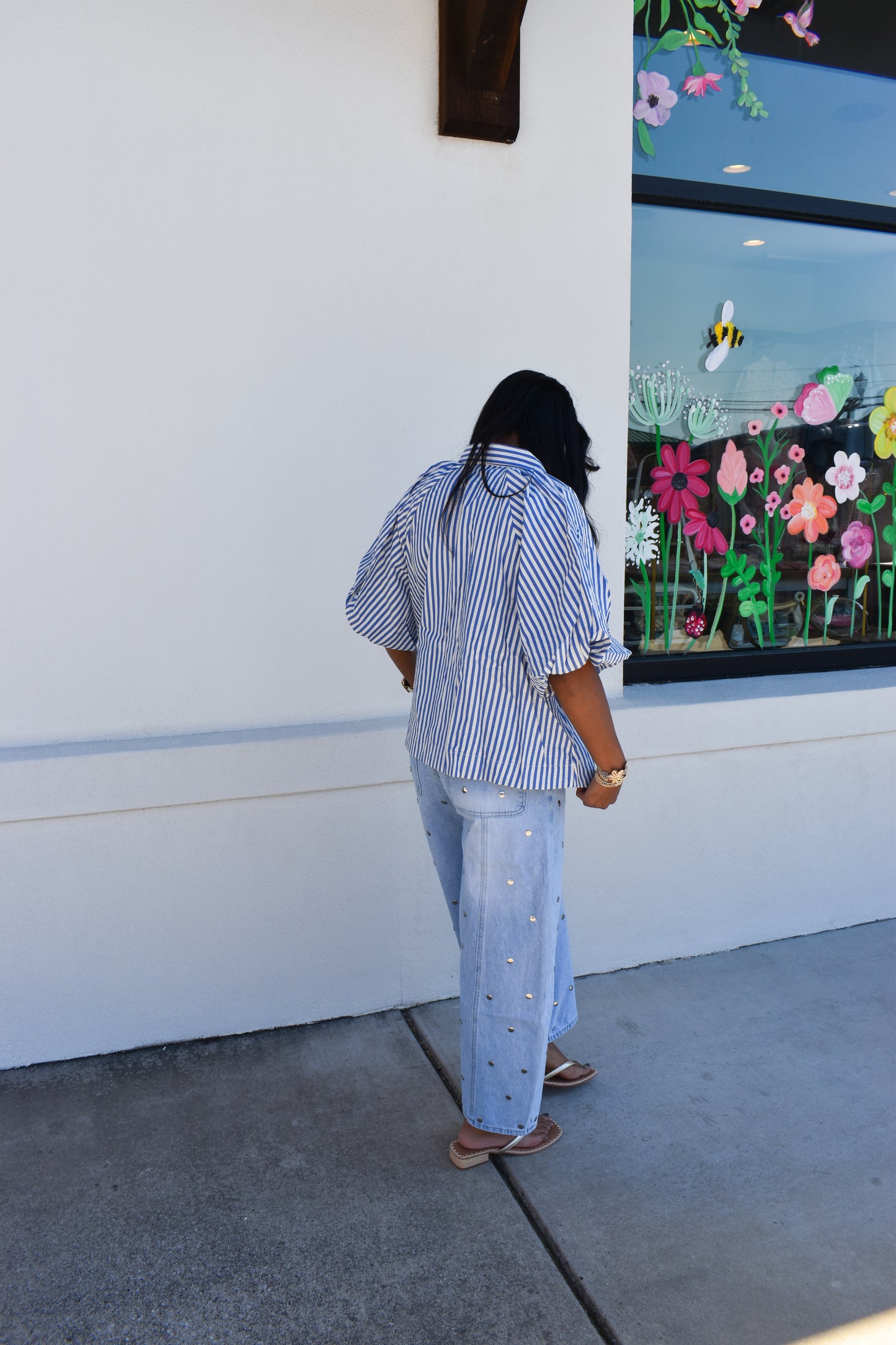 Stripe Bubble Sleeve Button Down Top