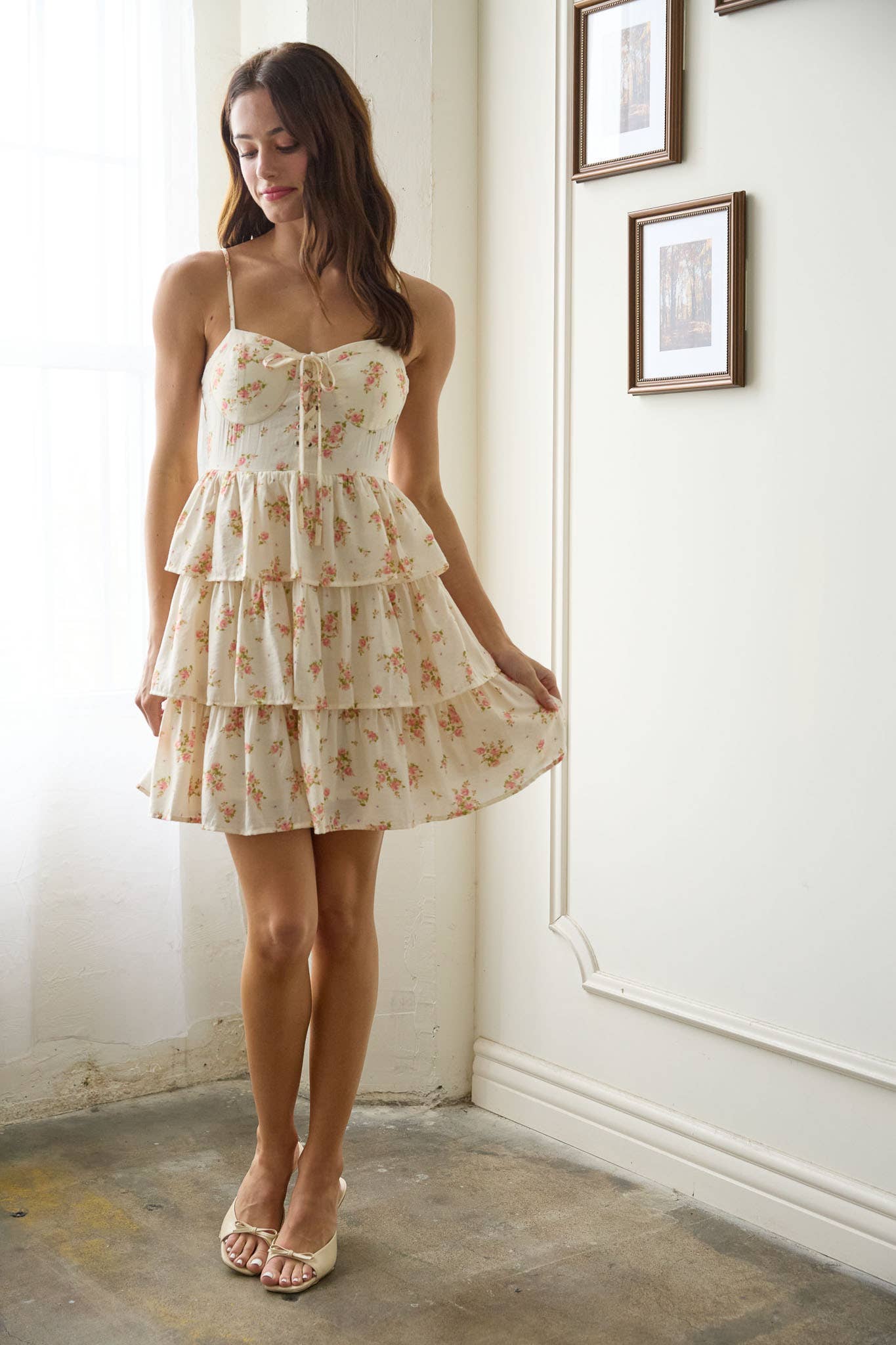 Front Lace Up Ruffle Tiered Mini Dress