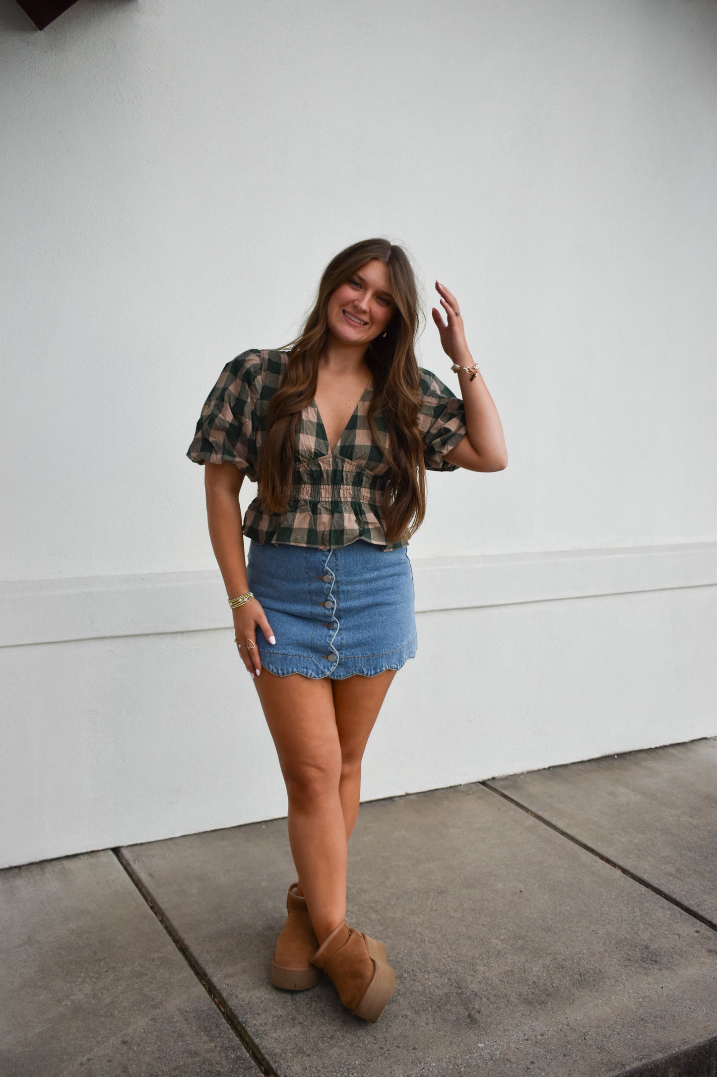 Gingham Bubble V Neck Top