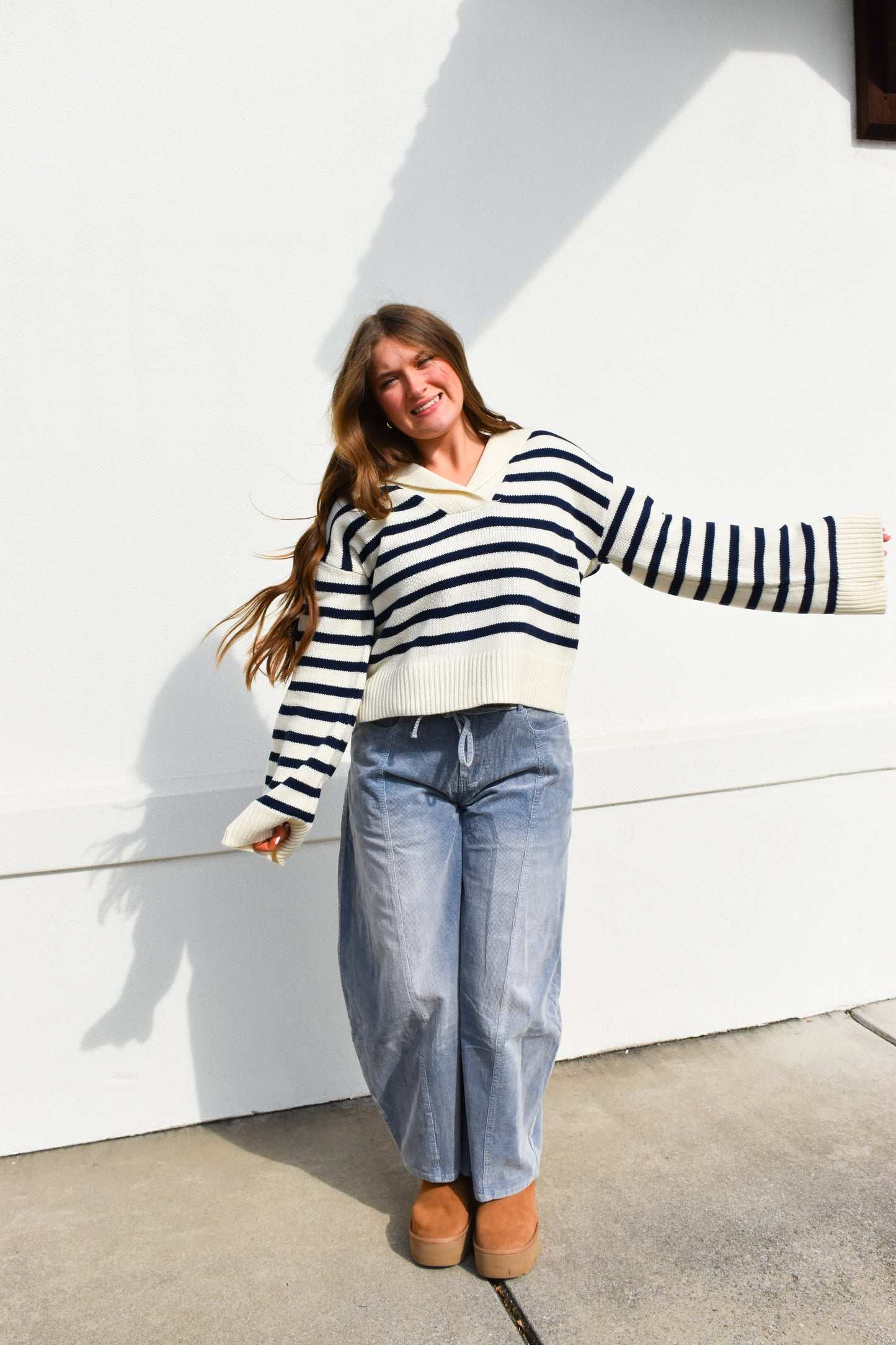 Cream/Navy Striped Collared Knit Sweater