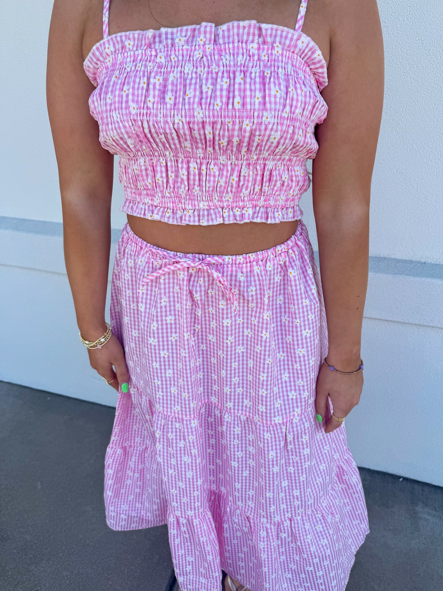 Flower Embroidered Gingham Set