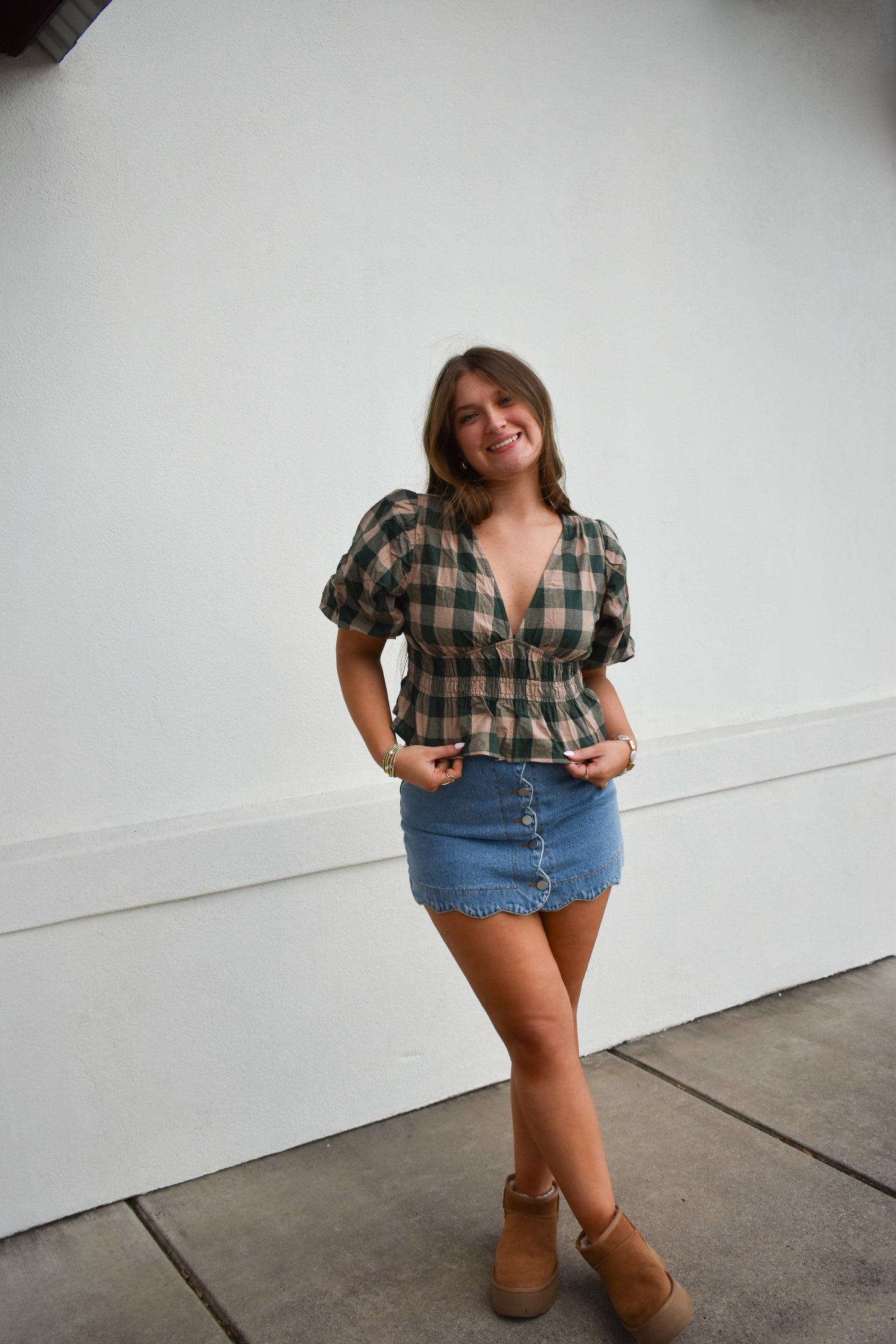 Gingham Bubble V Neck Top