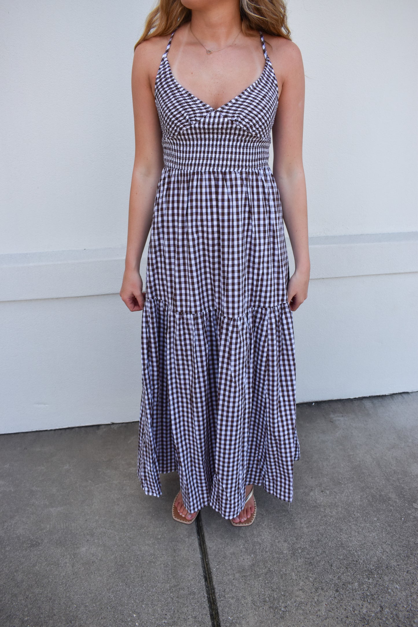 Checkered Print Cross Back Maxi Dress