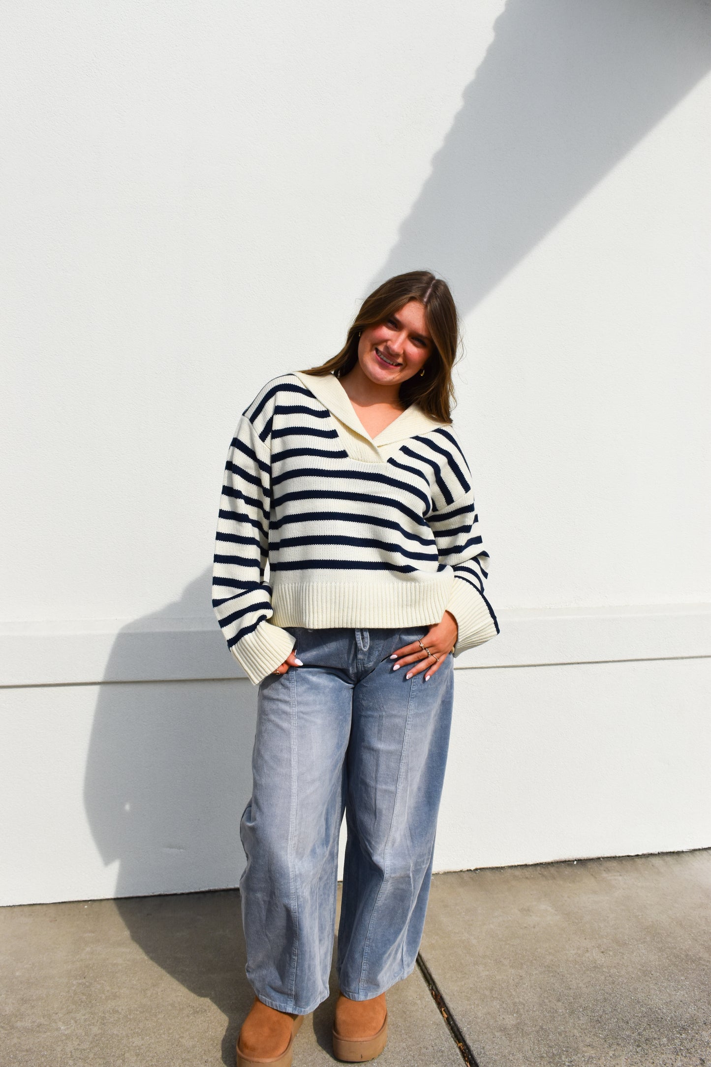 Cream/Navy Striped Collared Knit Sweater