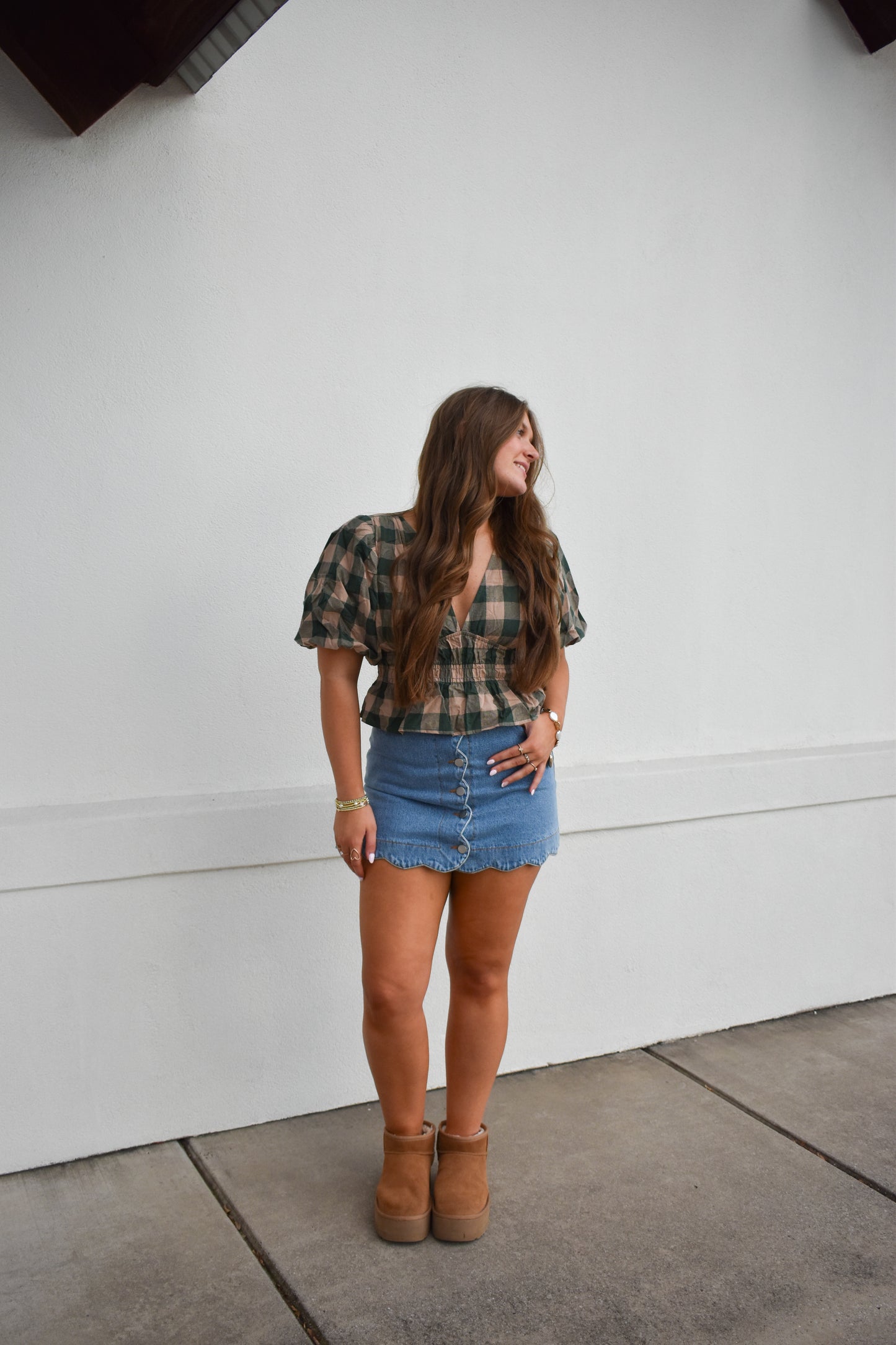Gingham Bubble V Neck Top