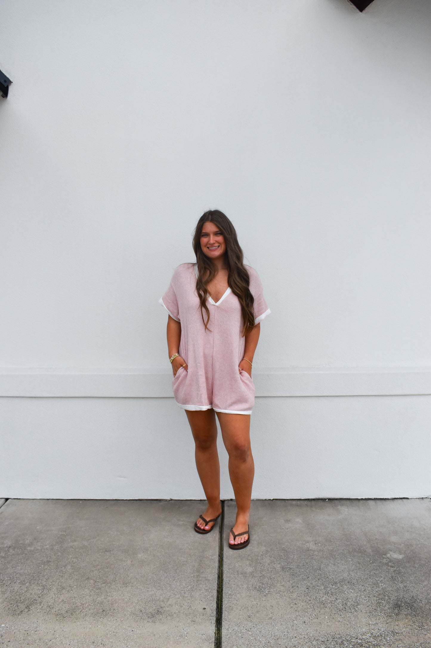Grace Waffle Romper: Pink
