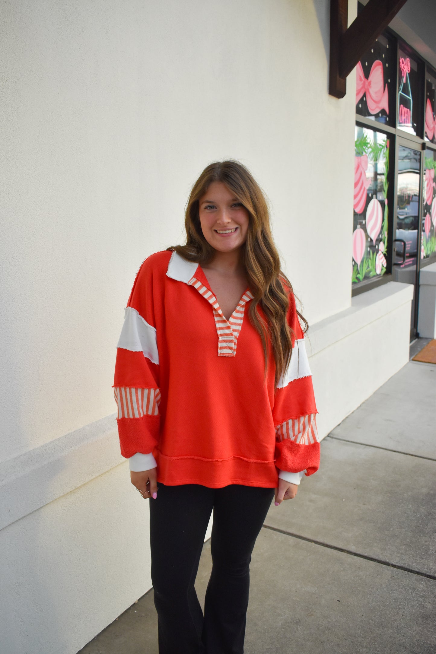 Terry Knit Collared Top: Red/Cream