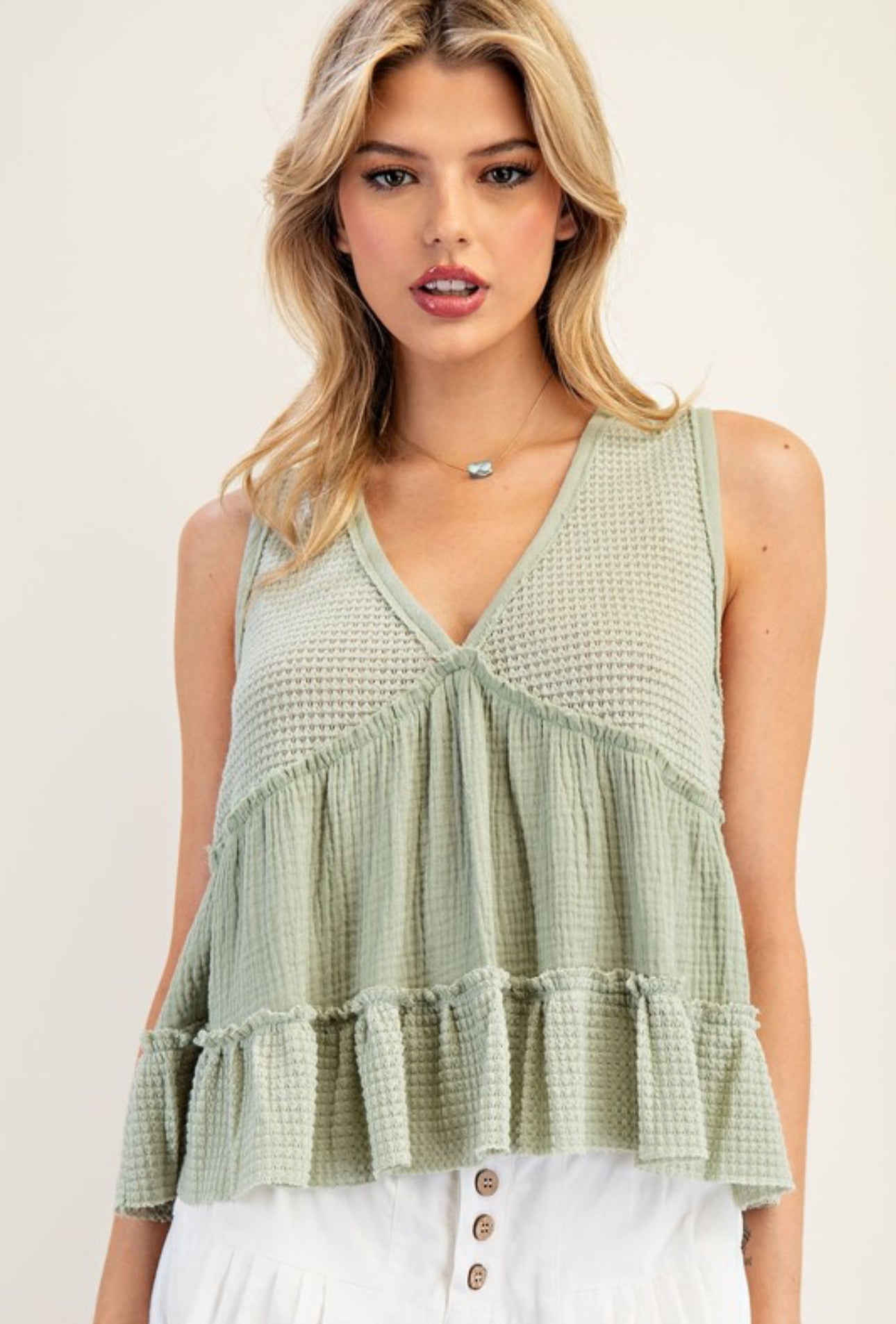 Waffle Knit V-Neck Top