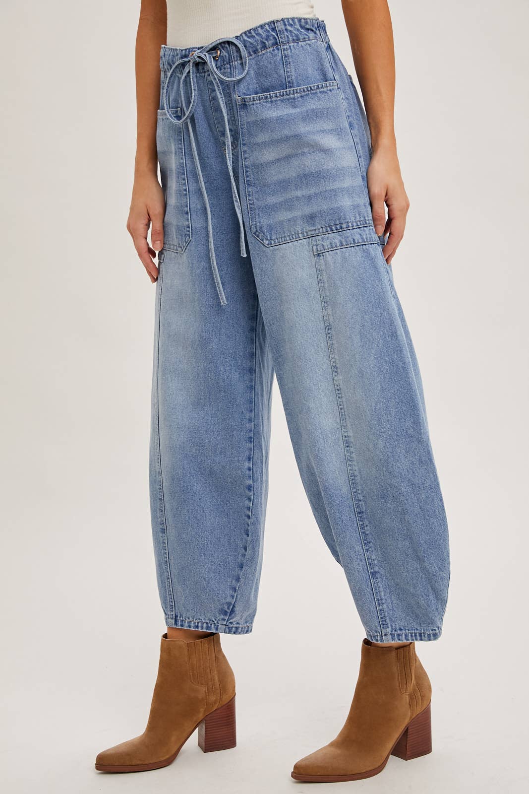 Denim Mid-Waist Drawstring Barrel Jeans