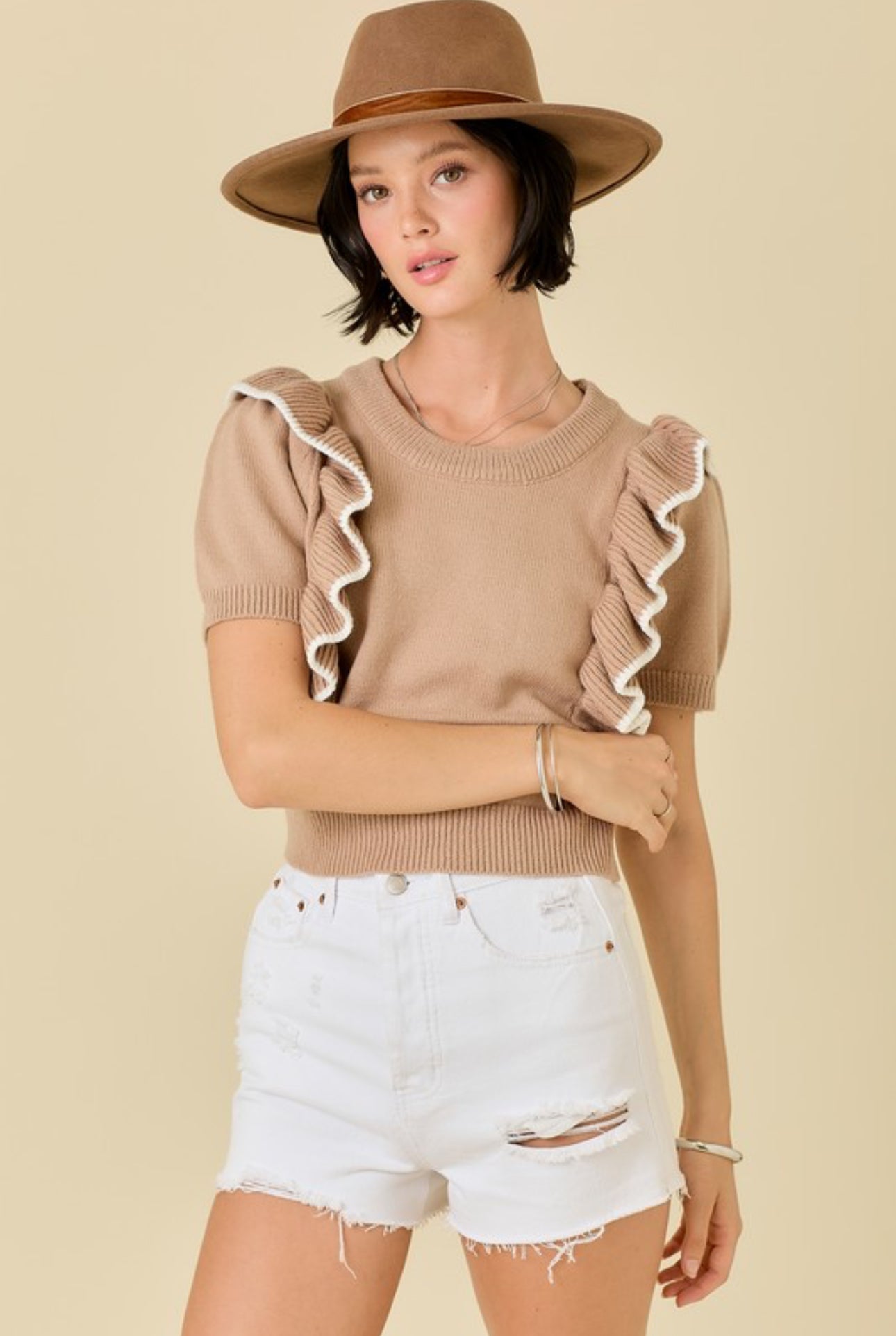 Cropped Sweater W/ Ruffles