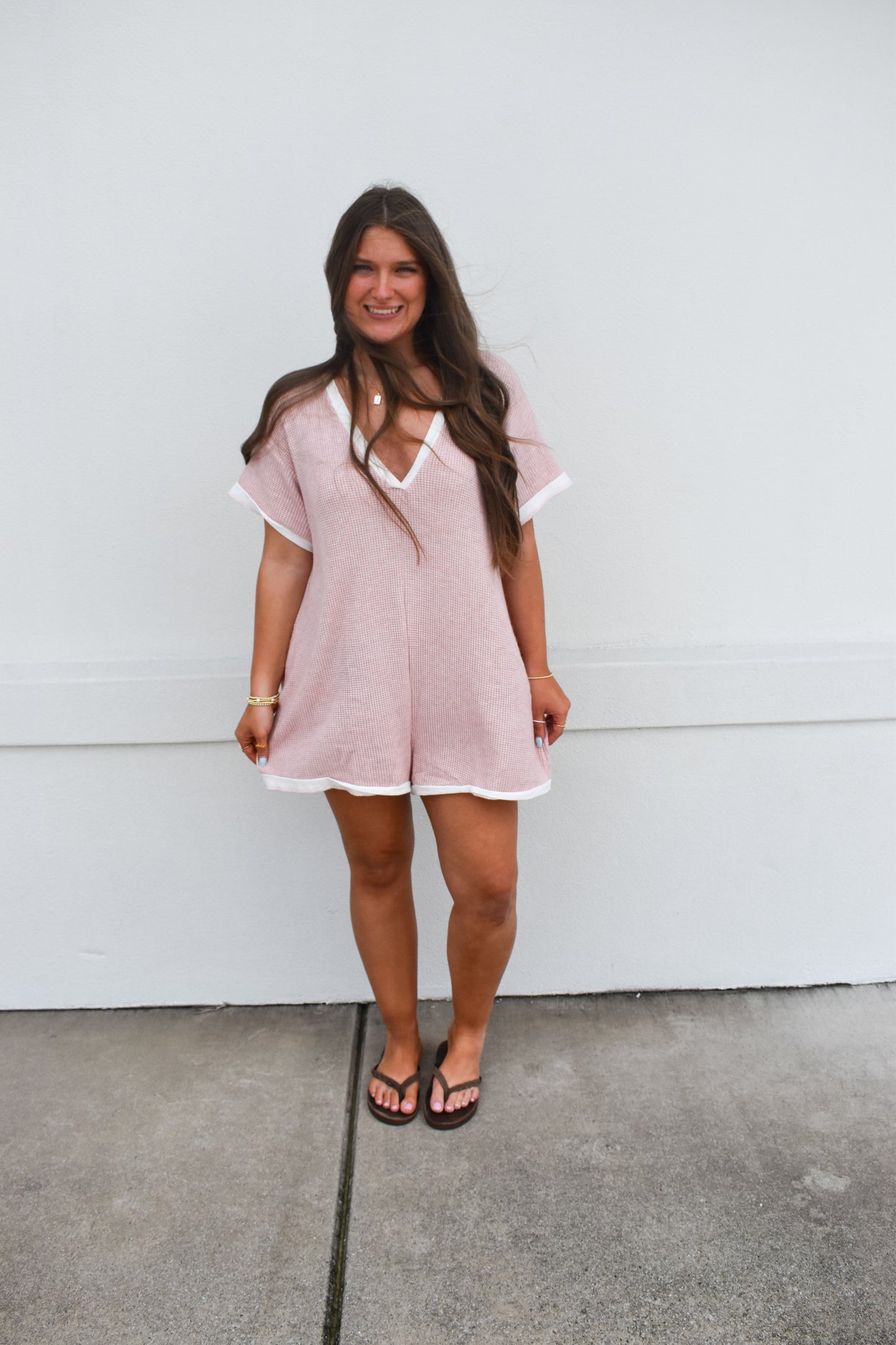 Grace Waffle Romper: Pink