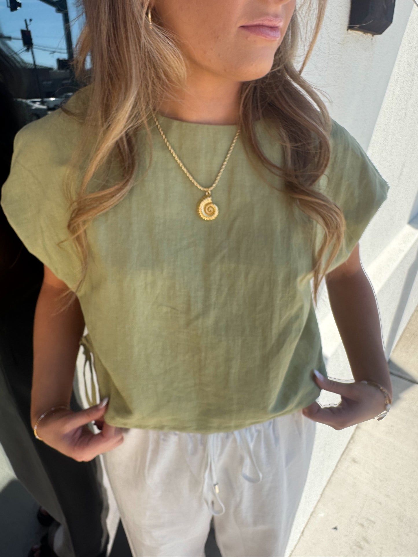 Crew Neck Linen Top: Forest Green