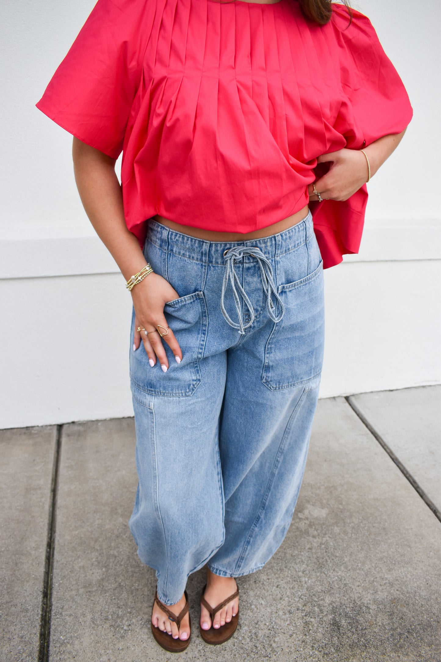 Denim Mid-Waist Drawstring Barrel Jeans