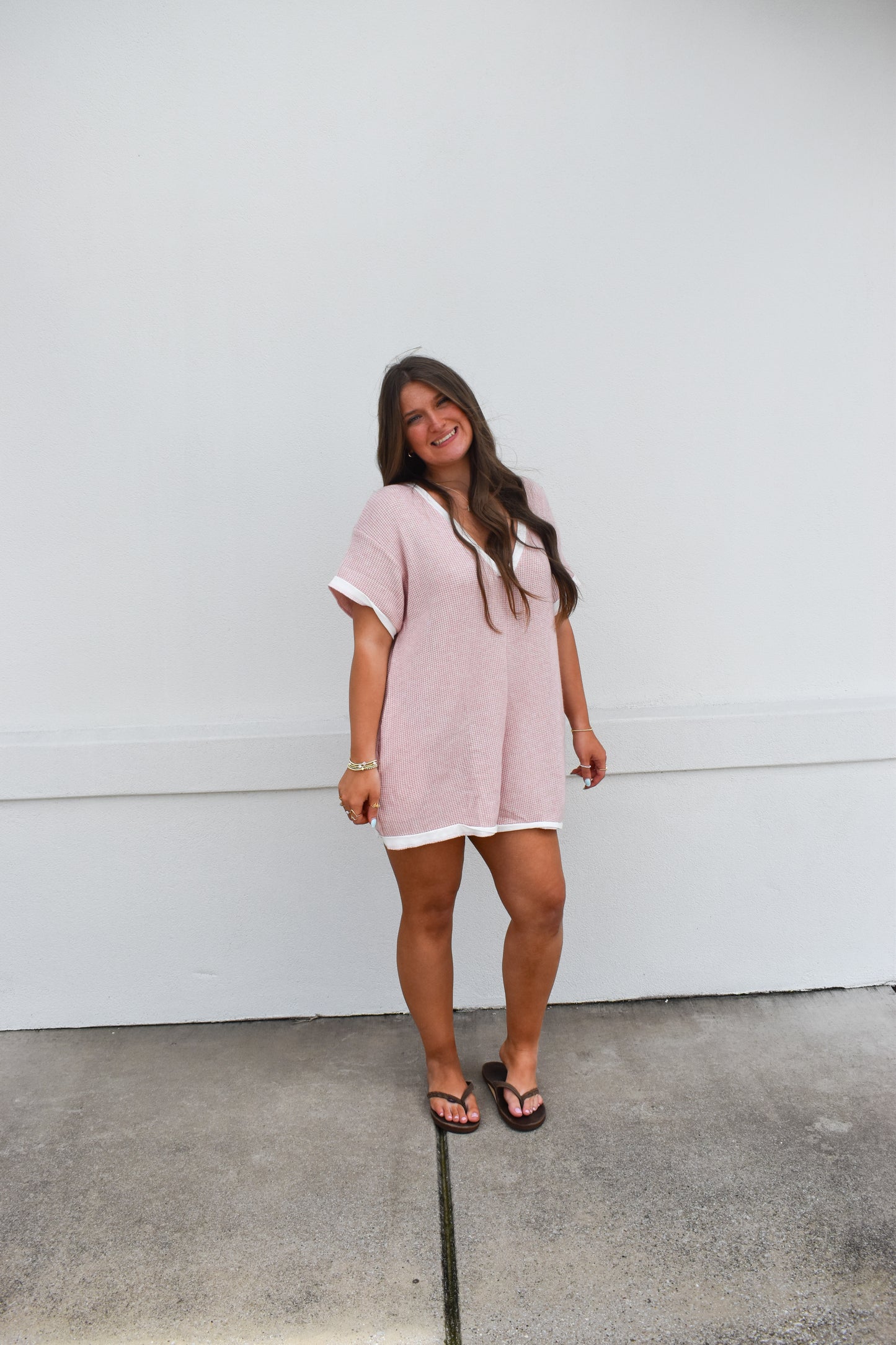 Grace Waffle Romper: Pink