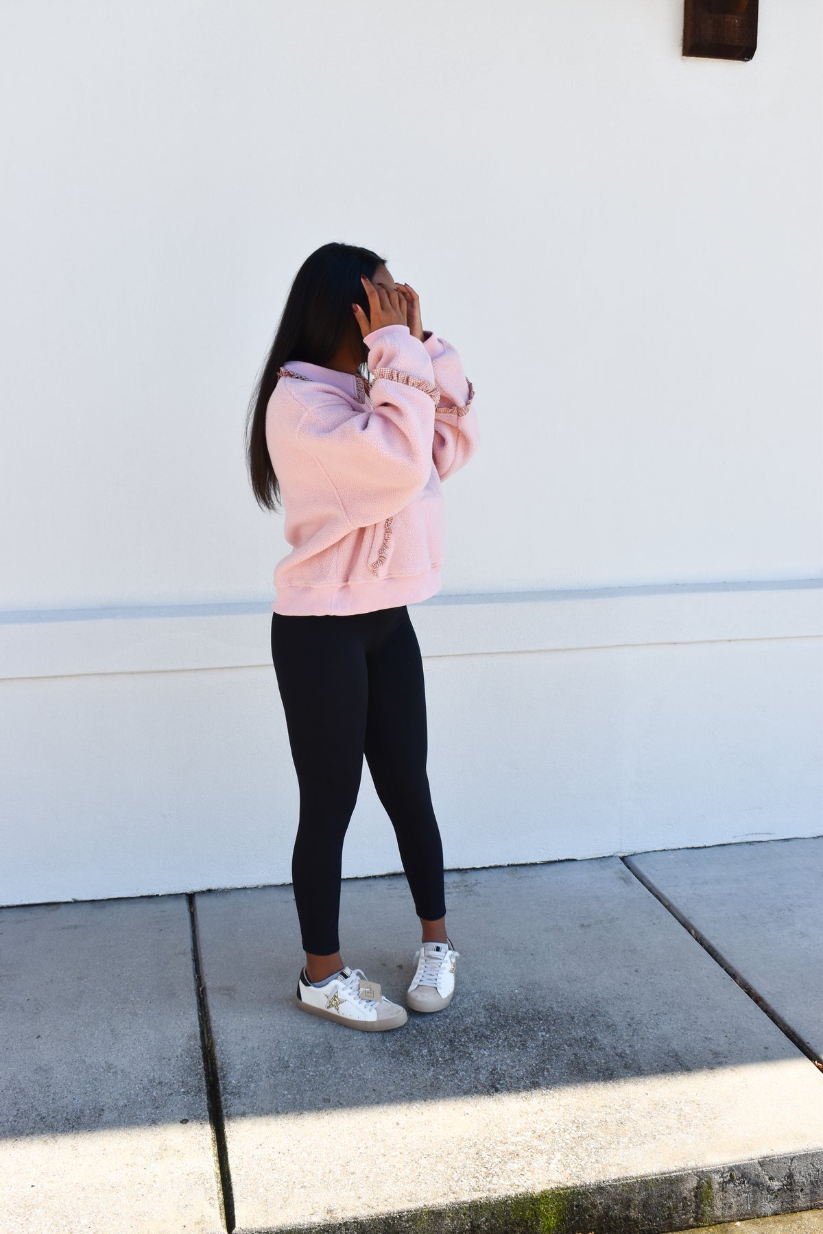 Gingham Fleece Collared Pullover: Pink