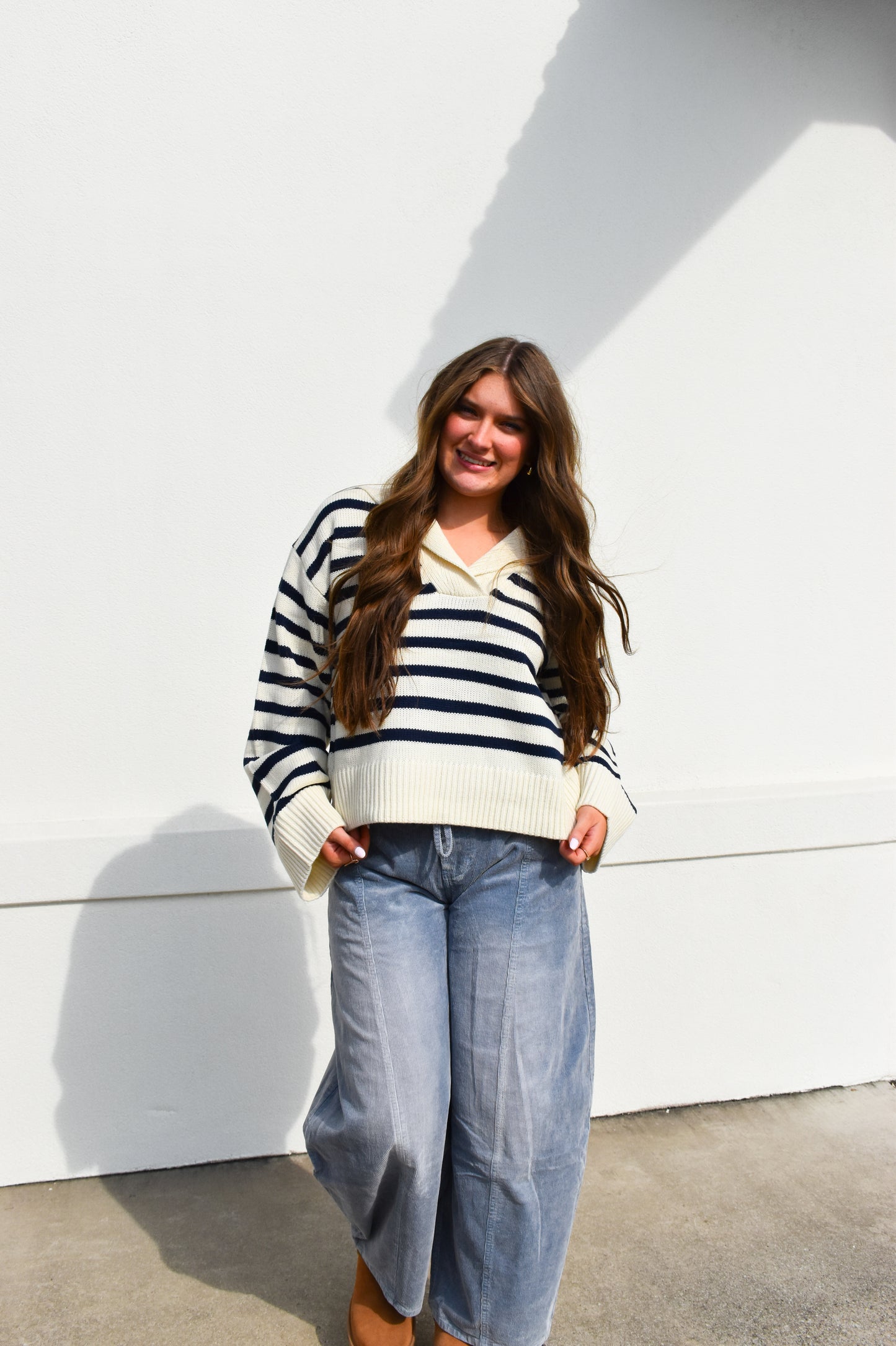 Cream/Navy Striped Collared Knit Sweater